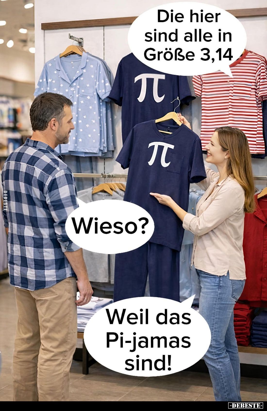 Die hier sind alle in Größe 3,14.
-
Wieso? -
Weil das Pi-jamas sind!