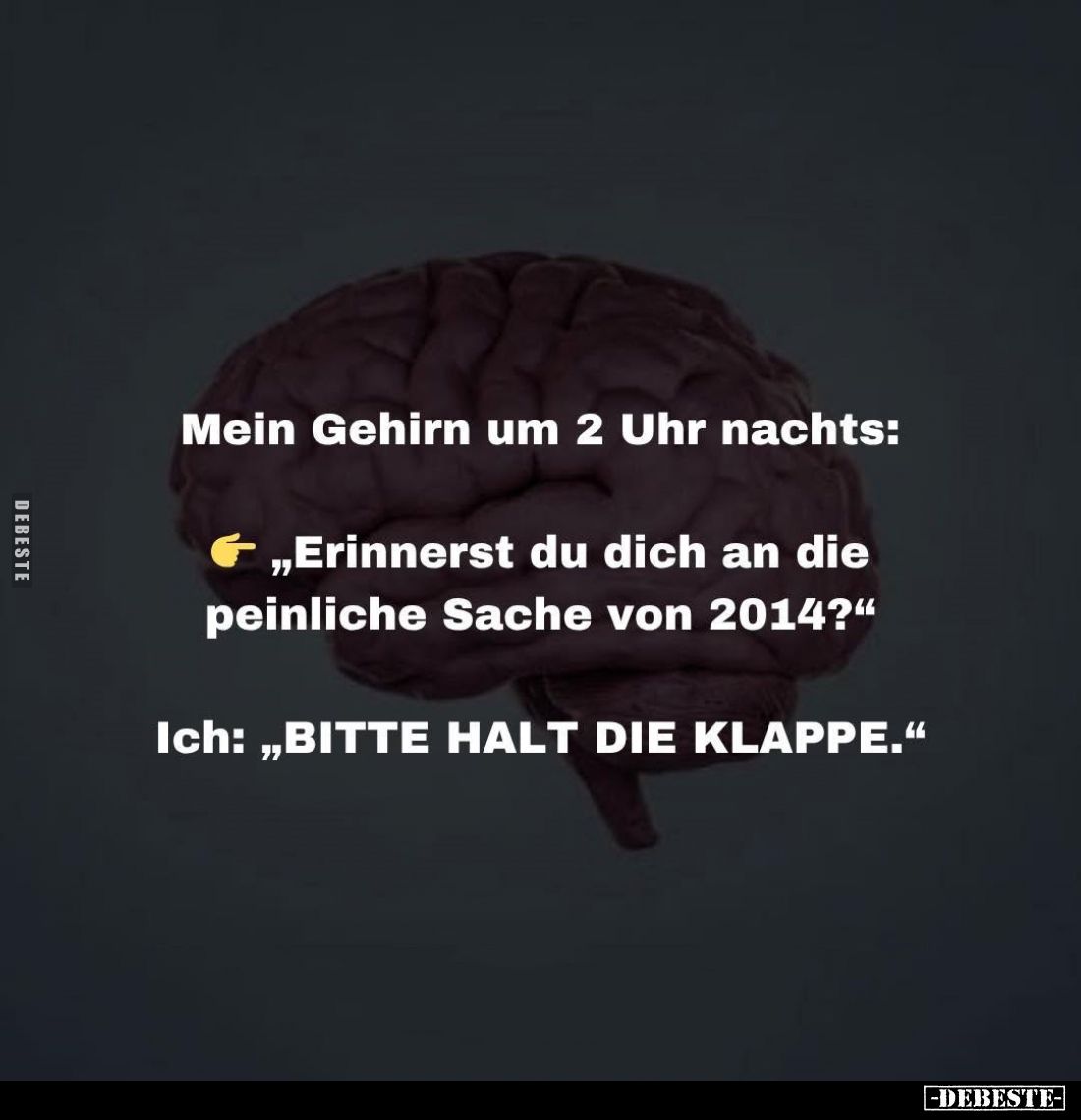 Mein Gehirn um 2 Uhr nachts:
"Erinnerst du dich an die peinliche Sache von 2014?" -
Ich: "BITTE HALT DIE KLA...
