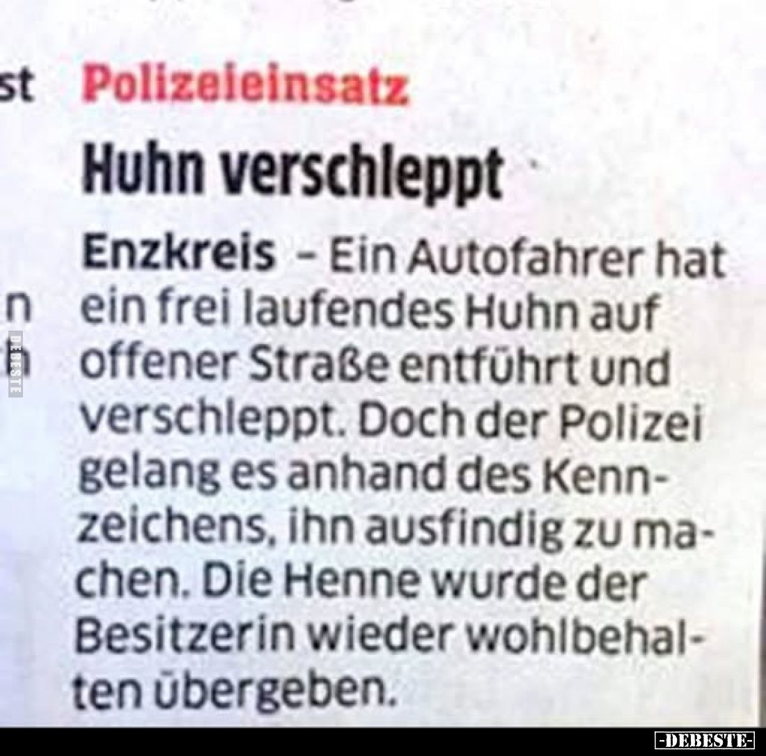 Polizeieinsatz
-
Huhn verschleppt
-
Enzkreis - Ein Autofahrer hat ein frei laufendes Huhn auf offener Straße entführt und...