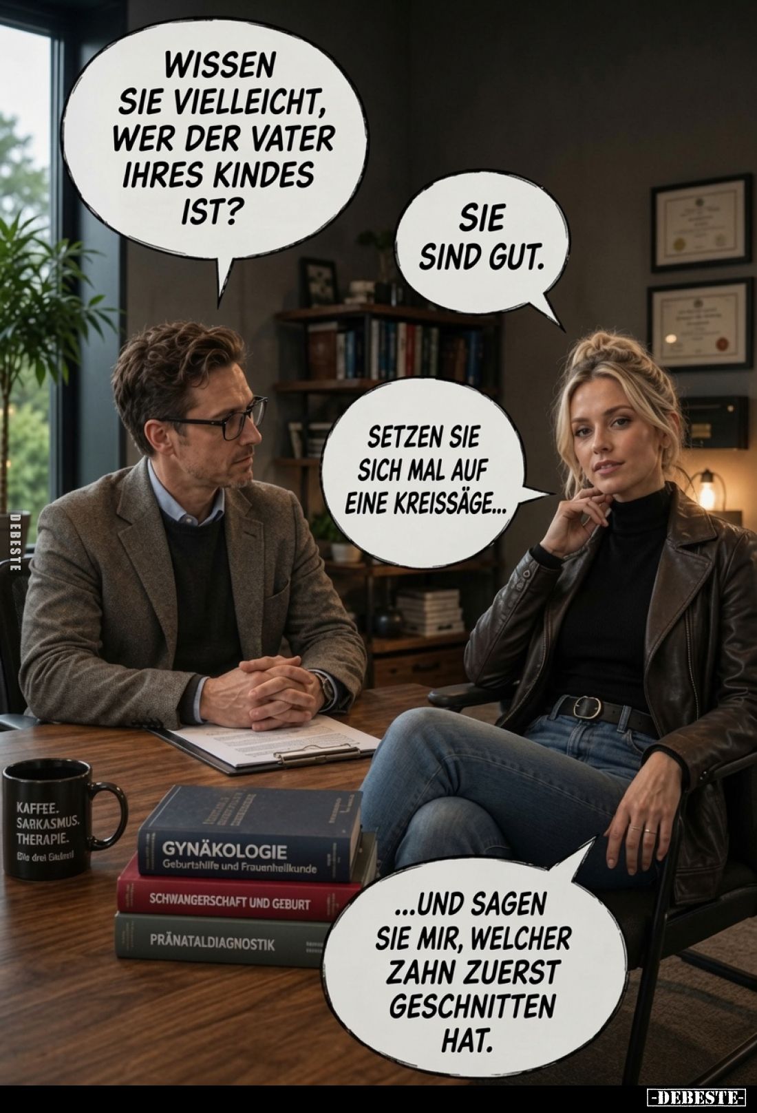 Wissen sie vielleicht, wer der Vater ihres Kindes ist?
Sie sind gut.
Setzen sie sich mal auf eine Kreissäge...
...und sage...