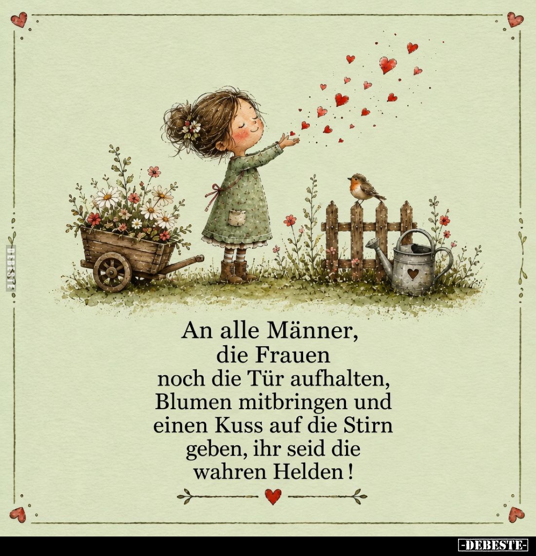 An alle Männer, die Frauen noch die Tür aufhalten, Blumen mitbringen und einen Kuss auf die Stirn geben, ihr seid die wahren ...