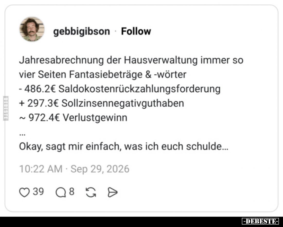 Jahresabrechnung der Hausverwaltung immer so
vier Seiten Fantasiebeträge & -wörter
- 486.2€ Saldokostenrückzahlungsford...
