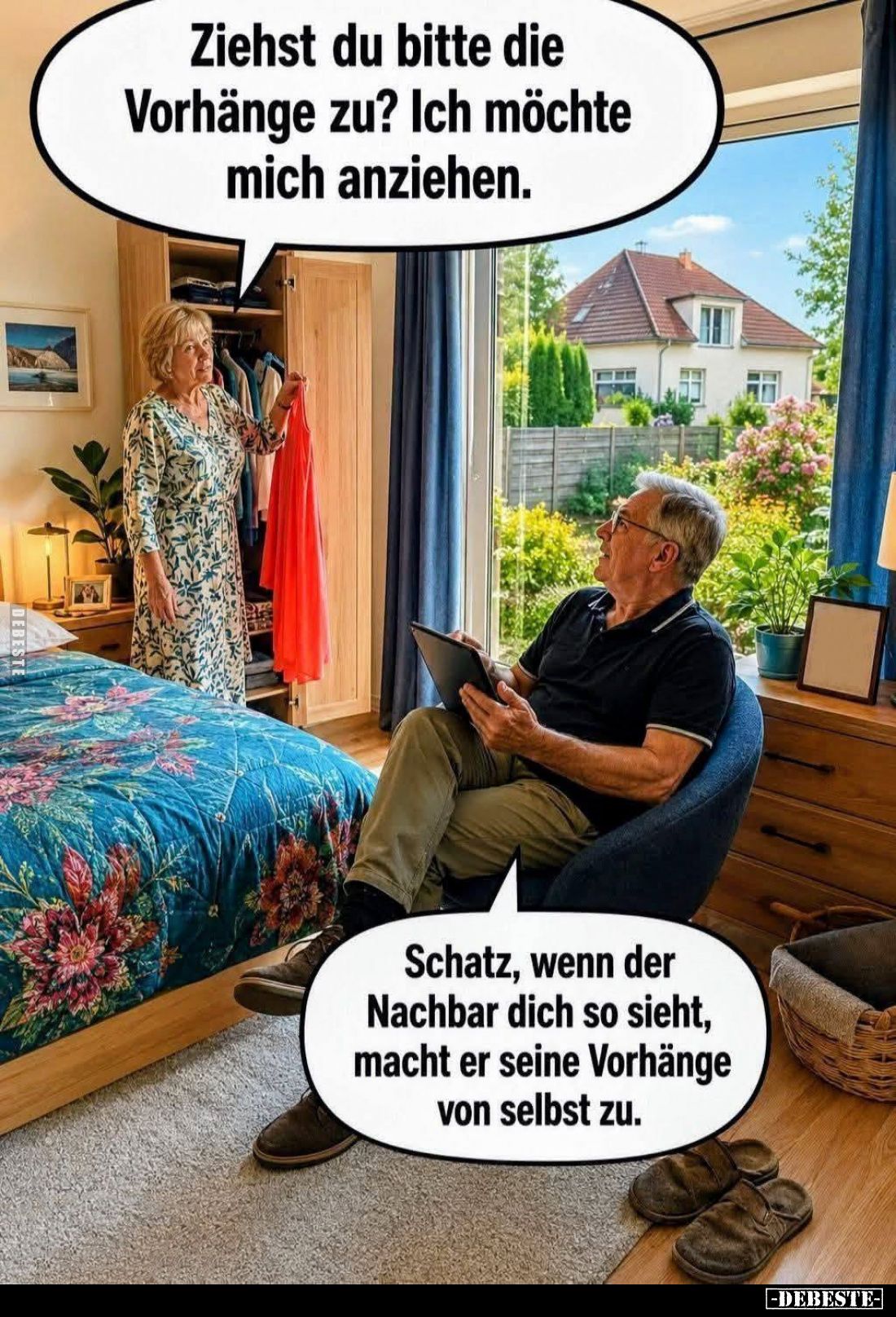 Ziehst du bitte die Vorhänge zu? Ich möchte mich anziehen.
-
Schatz, wenn der Nachbar dich so sieht, macht er seine Vorhäng...