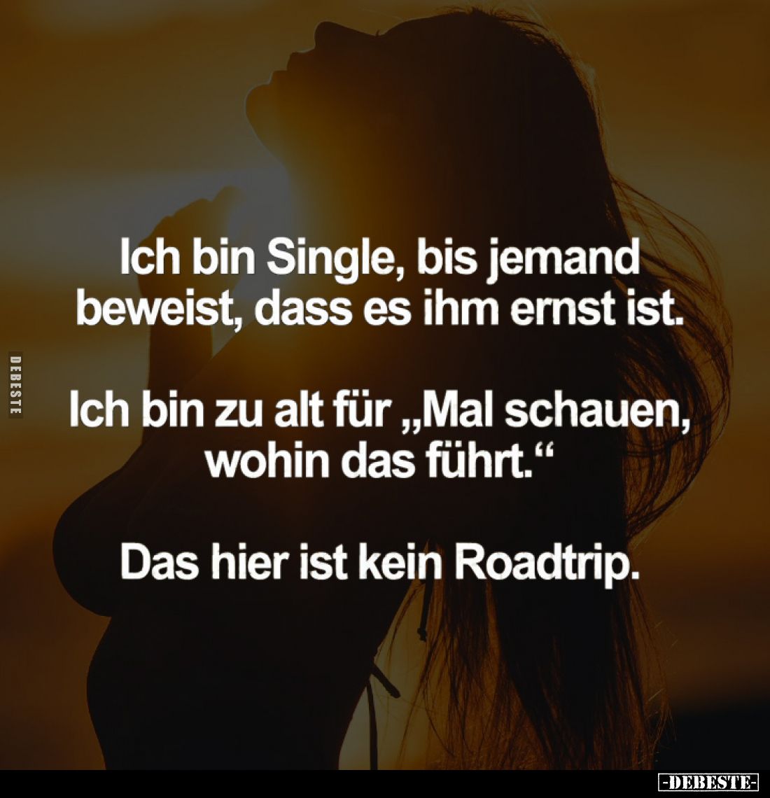 Ich bin Single, bis jemand beweist, dass es ihm ernst ist.
Ich bin zu alt für "Mal schauen, wohin das führt."
Das...