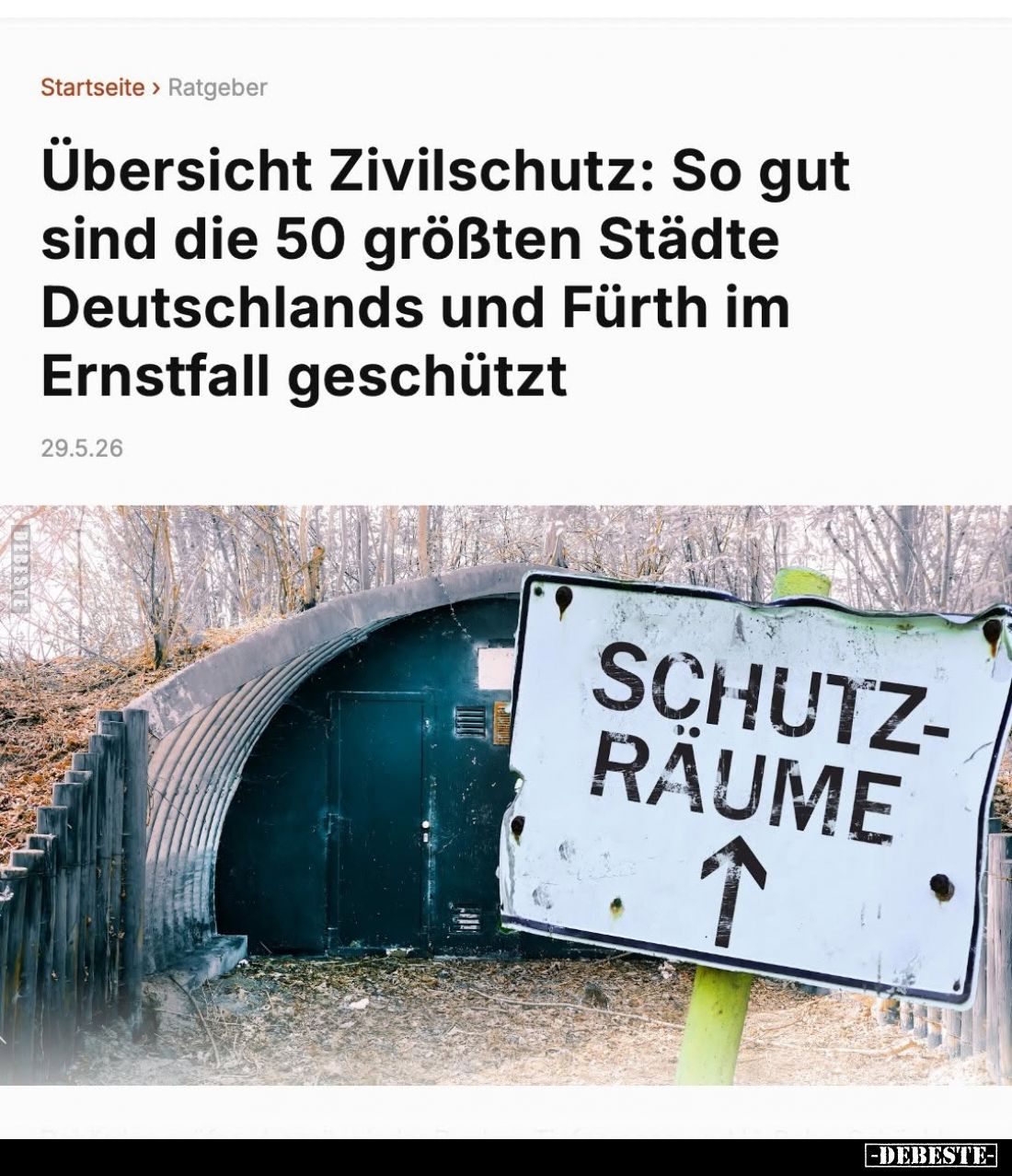 Übersicht Zivilschutz: So gut sind die 50 größten Städte Deutschlands und Fürth im Ernstfall geschützt
-
Schutzräume