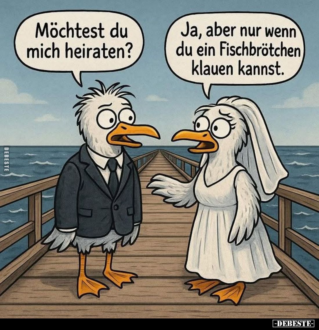 Möchtest du mich heiraten? -
Ja, aber nur wenn du ein Fischbrötchen) klauen kannst.