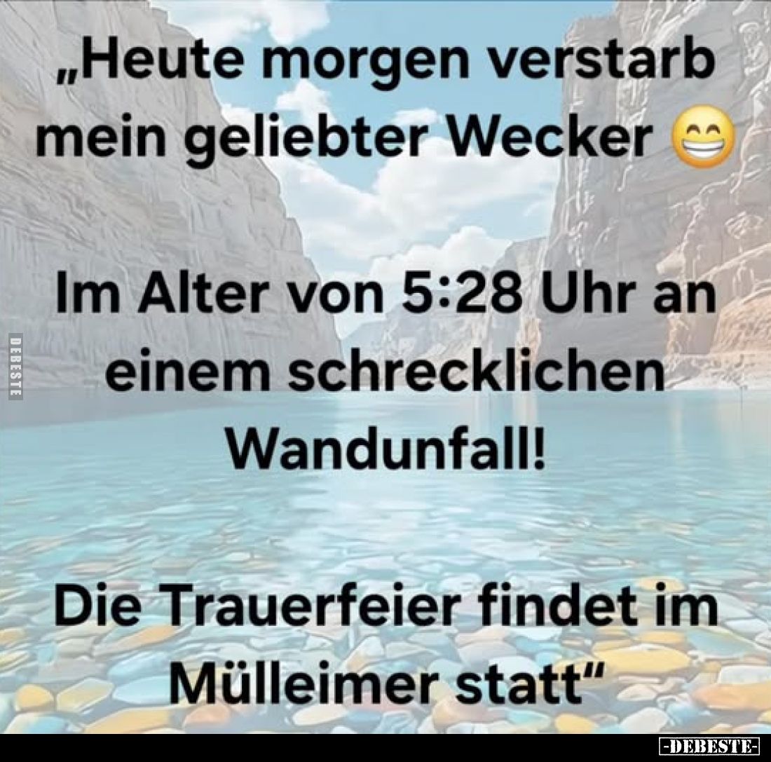 „Heute morgen verstarb mein geliebter Wecker
Im Alter von 5:28 Uhr an einem schrecklichen Wandunfall!
Die Trauerfeier finde...