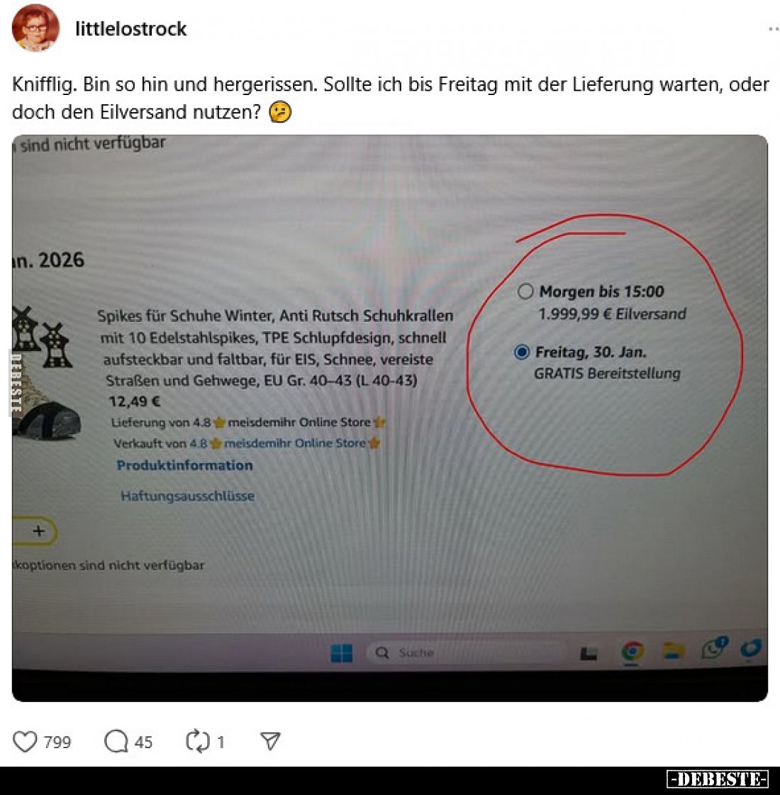 Knifflig. Bin so hin und hergerissen. Sollte ich bis Freitag mit der Lieferung warten, oder doch den Eilversand nutzen?