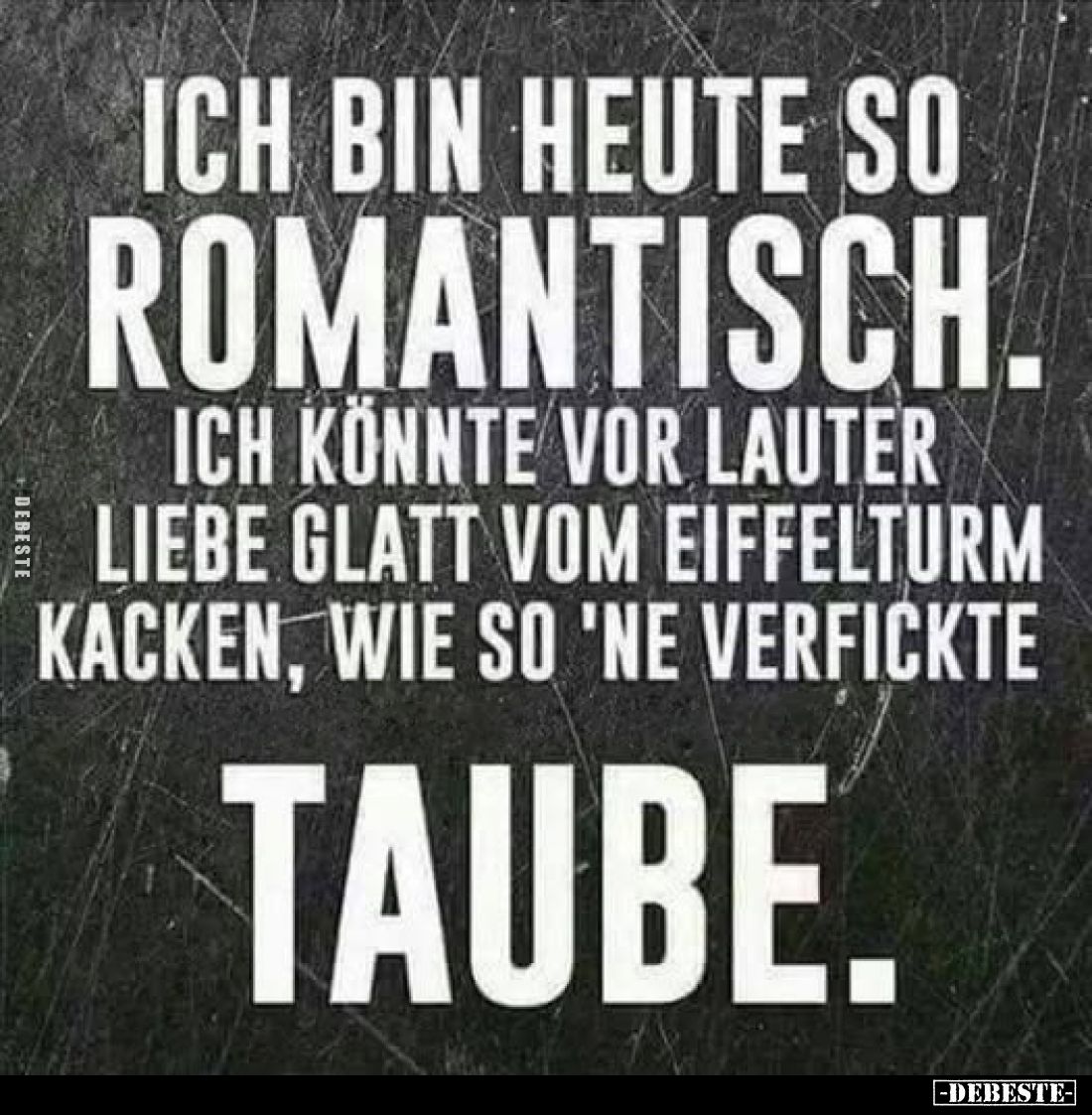 Ich bin heute so romantisch.
Ich könnte vor lauter Liebe glatt vom Eiffelturm kacken, wie so 'ne verfickte Taube.