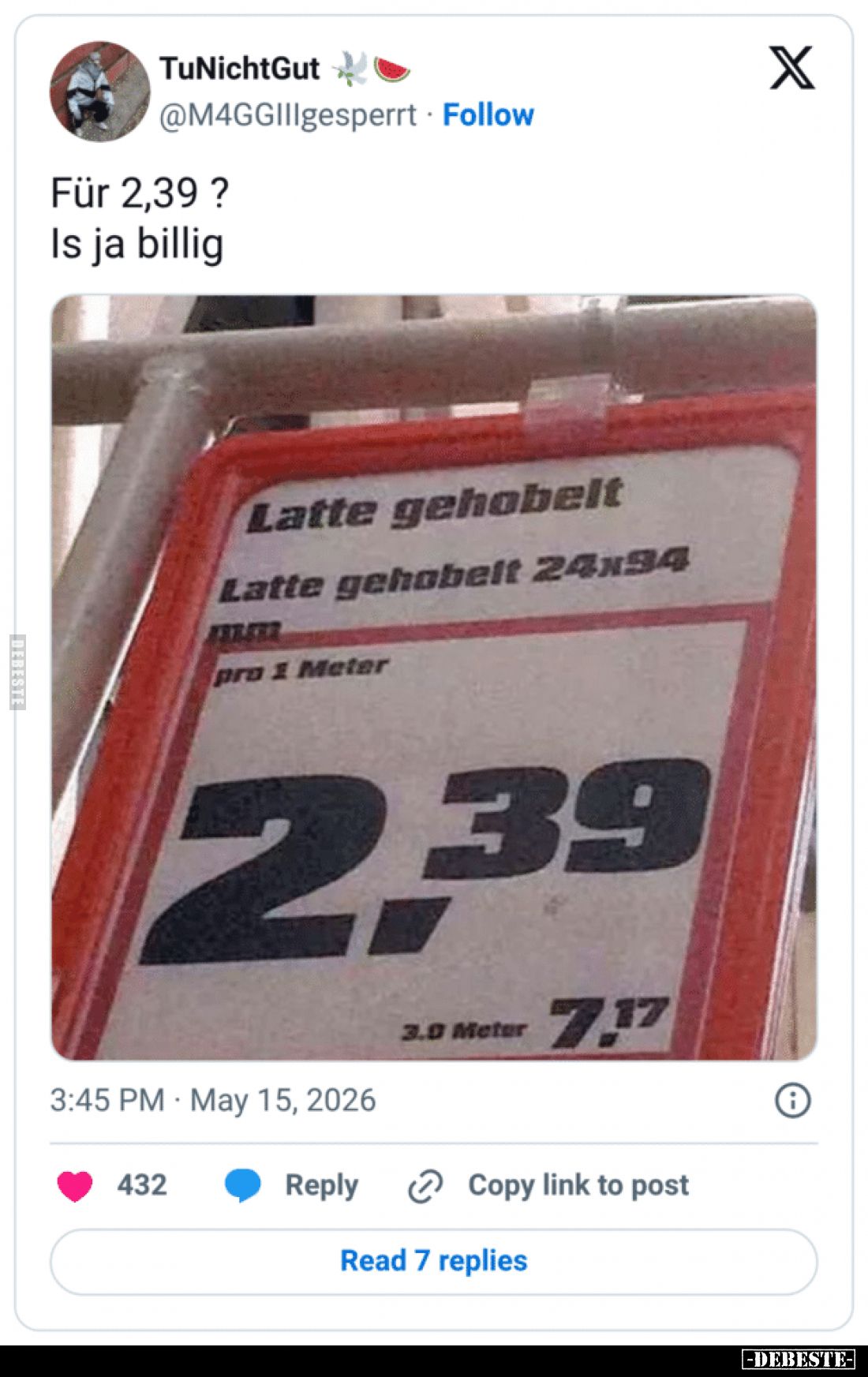 Für 2,39 ?
Is ja billig.

Latte gehobelt.
Latte gehobelt 24x94 mm.