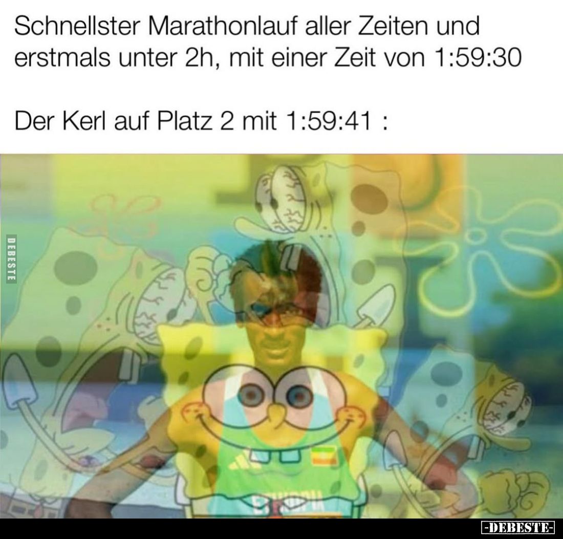 Schnellster Marathonlauf aller Zeiten und erstmals unter 2h, mit einer Zeit von 1:59:30
Der Kerl auf Platz 2 mit 1:59:41 :