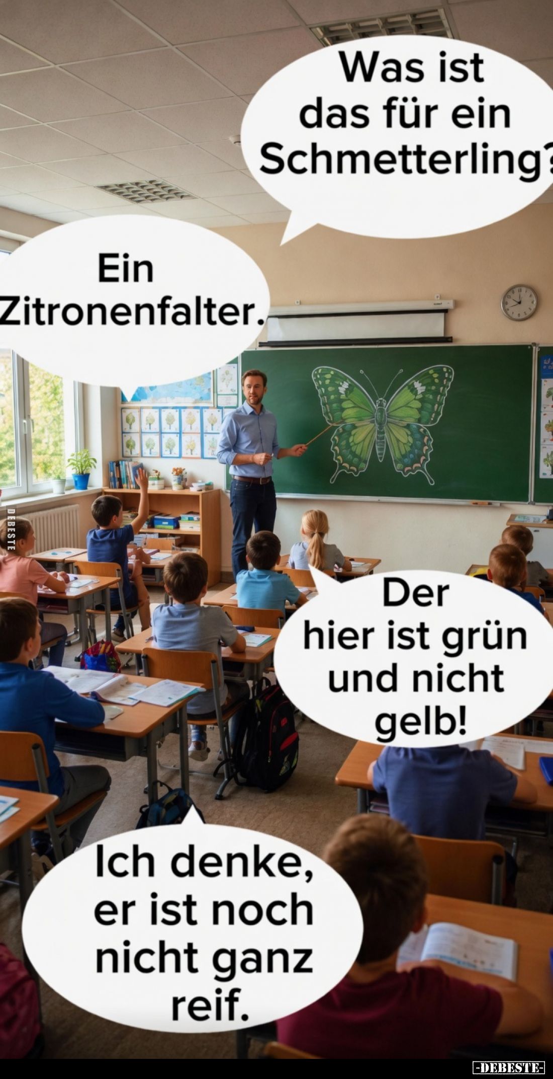 Was ist das für ein Schmetterling?
Ein Zitronenfalter.
Der hier ist grün und nicht gelb!
Ich denke, er ist noch nicht ganz...