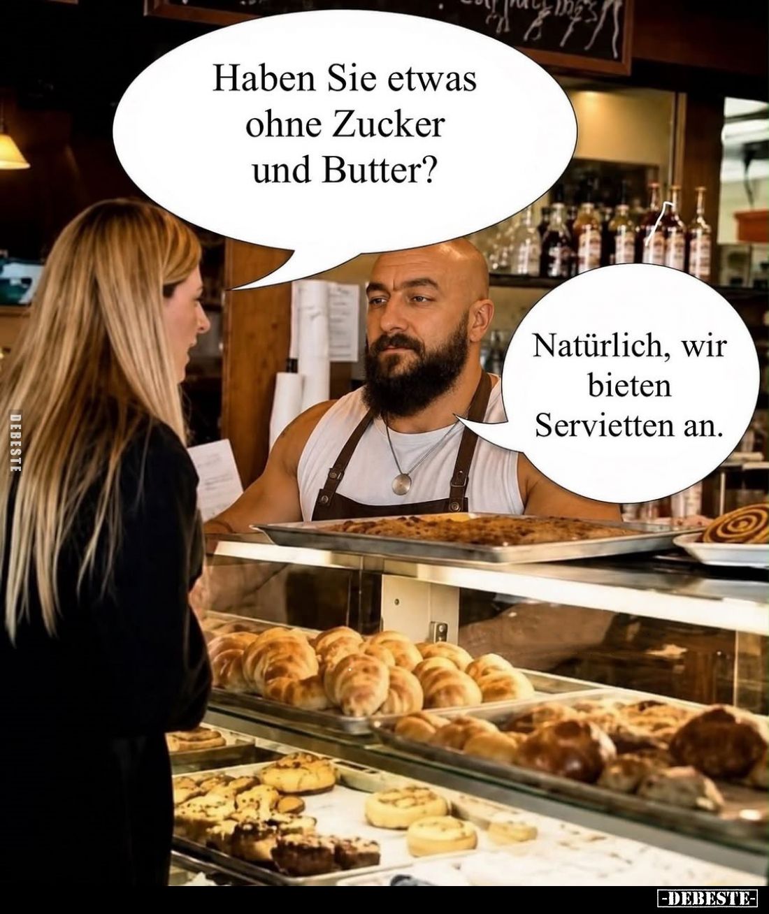 Haben Sie etwas ohne Zucker und Butter?
-
Natürlich, wir bieten Servietten an.