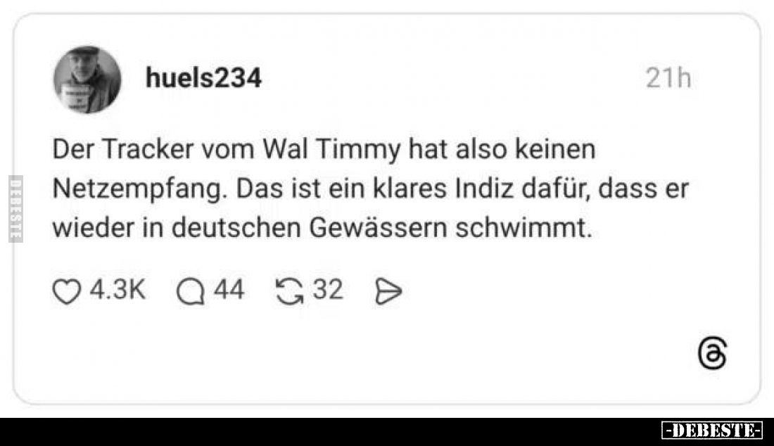 Der Tracker vom Wal Timmy hat also keinen Netzempfang.
Das ist ein klares Indiz dafür, dass er wieder in deutschen Gewässern...