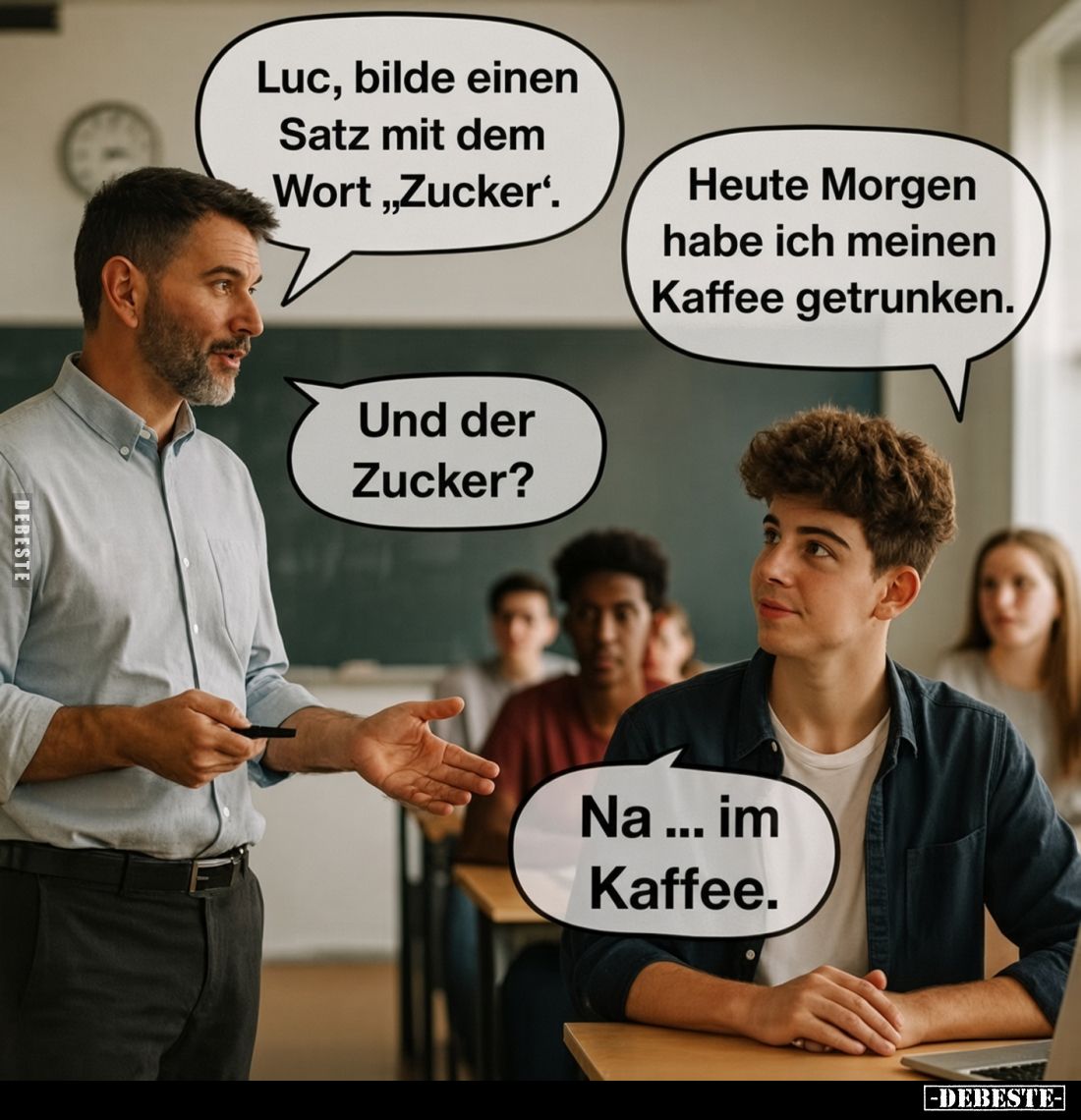 Luc, bilde einen Satz mit dem Wort "Zucker". -
Heute Morgen habe ich meinen Kaffee getrunken. -
Und der Zucker? -...