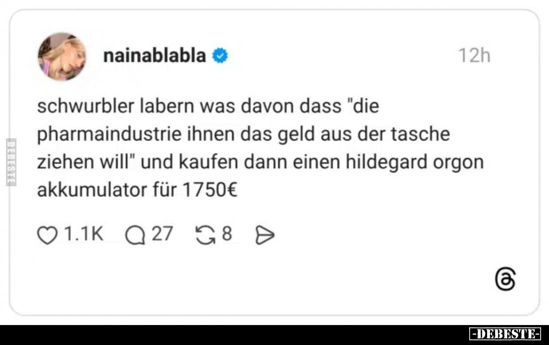 schwurbler labern was davon dass "die pharmaindustrie ihnen das geld aus der tasche ziehen will" und kaufen dann ei...