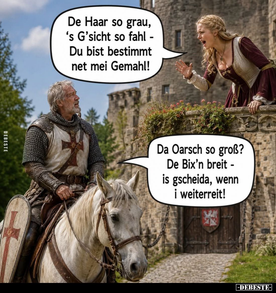 De Haar so grau,
's G'sicht so fahl -
Du bist bestimmt
net mei Gemahl!
-
Da Oarsch so groß?
De Bix'n breit -
is gschei...