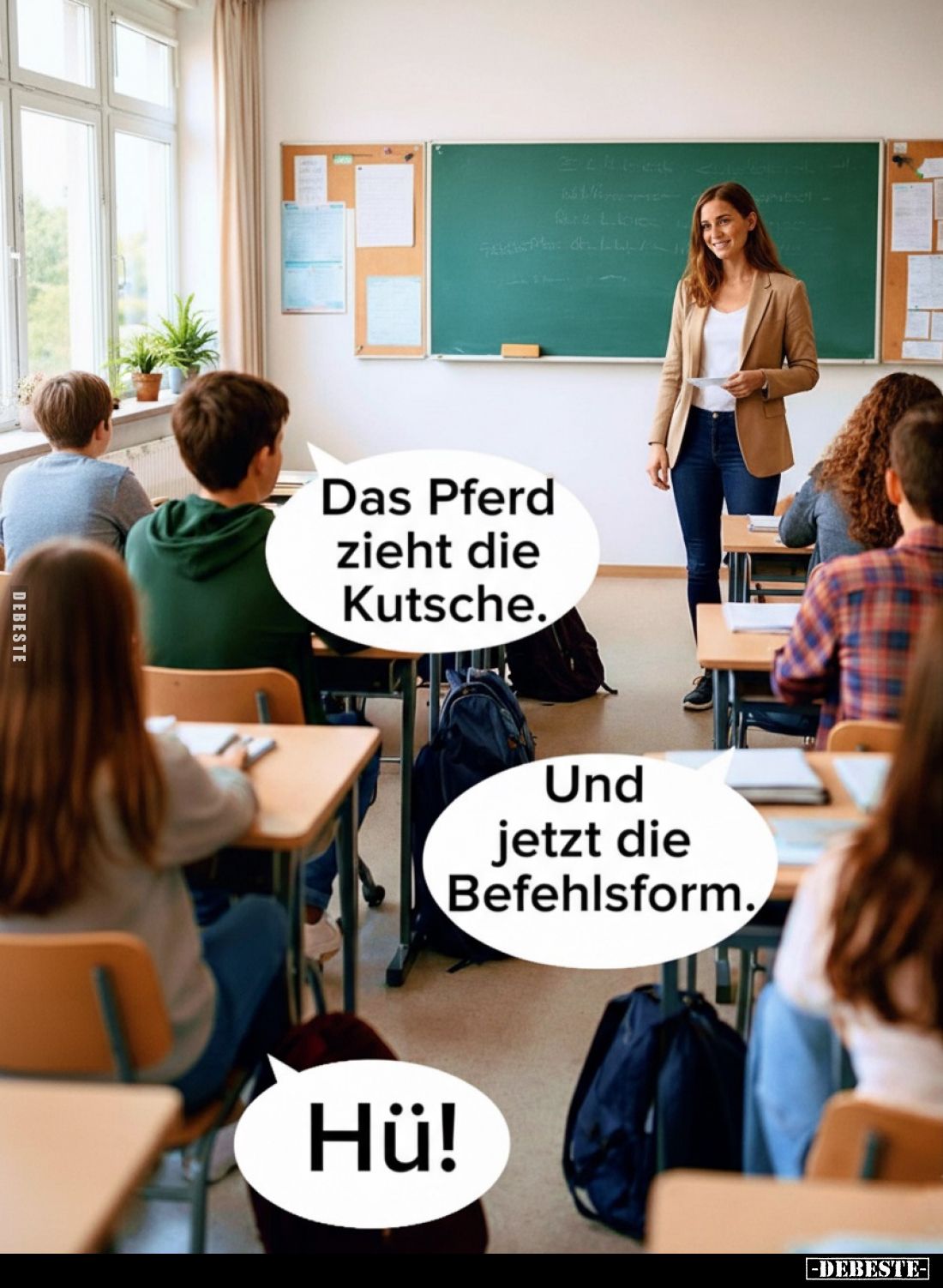 Bilde einen Satz mit Pferd, Kutsche und ziehen.
Das Pferd zieht die Kutsche.
Und jetzt die Befehlsform.
Hü!