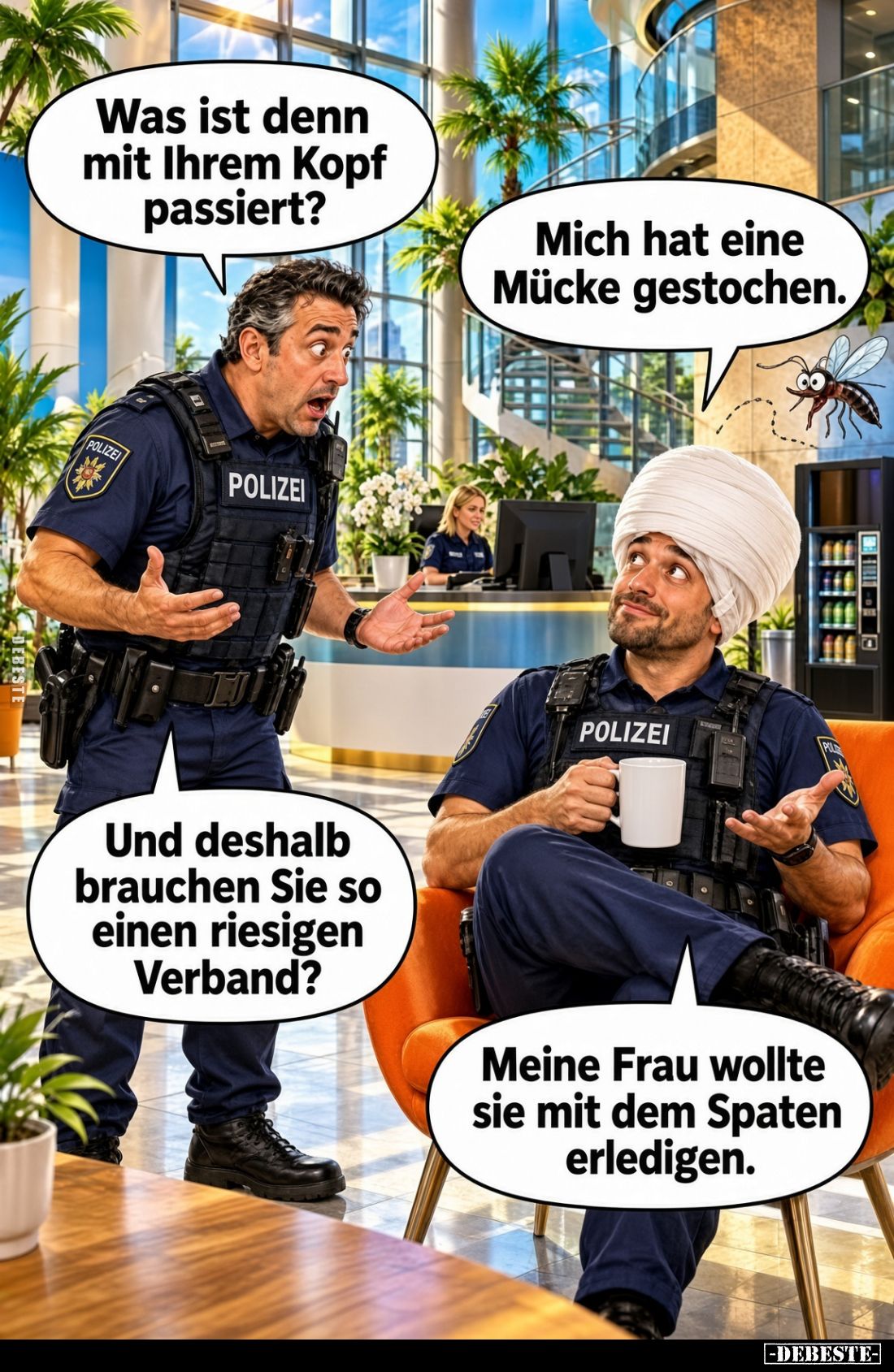 Was ist denn mit Ihrem Kopf passiert?

Mich hat eine Mücke gestochen.

Und deshalb brauchen Sie so einen riesigen Verband...