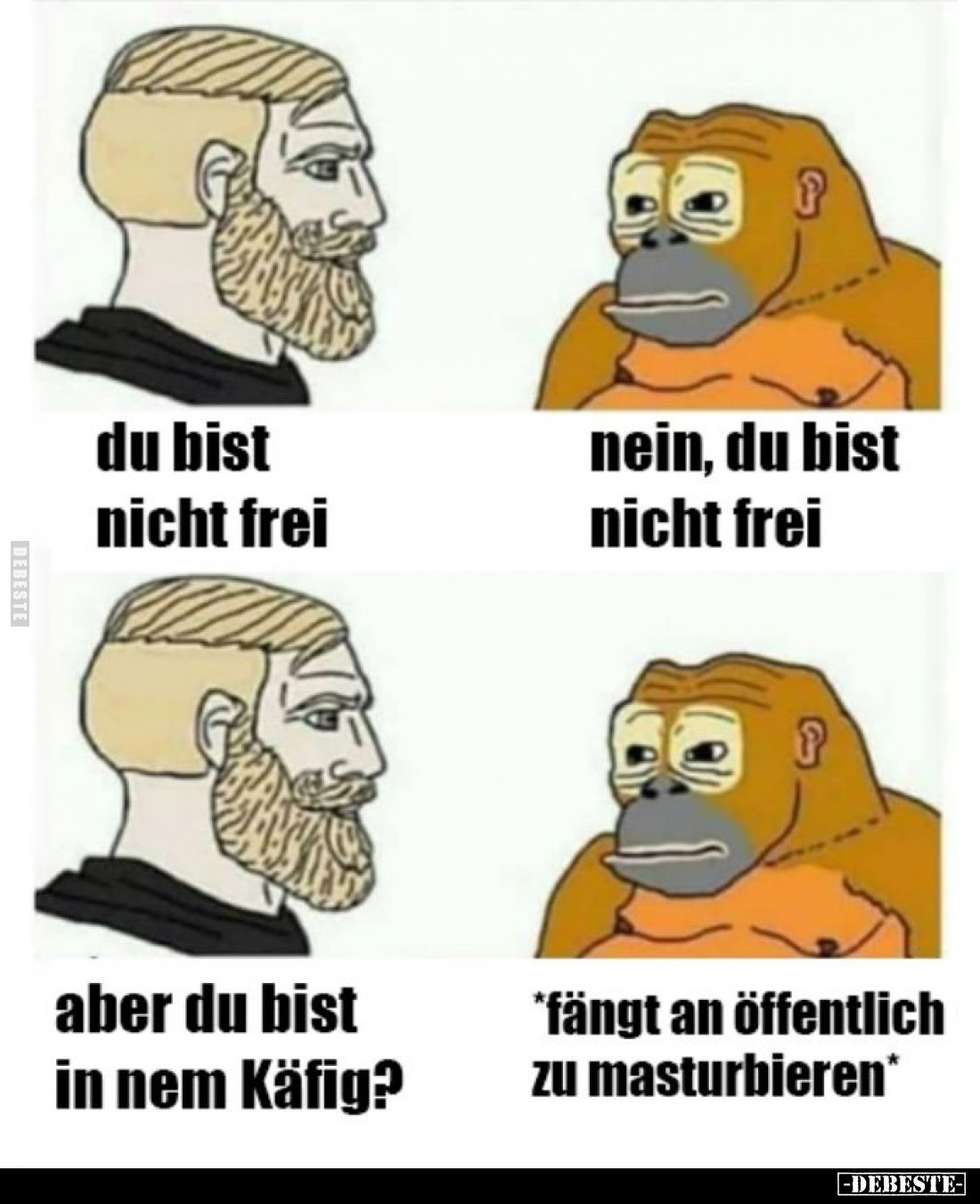 Du bist nicht frei. -
Nein, du bist nicht frei. -
Aber du bist in nem Käfig? -
*fängt an öffentlich zu masturbieren*