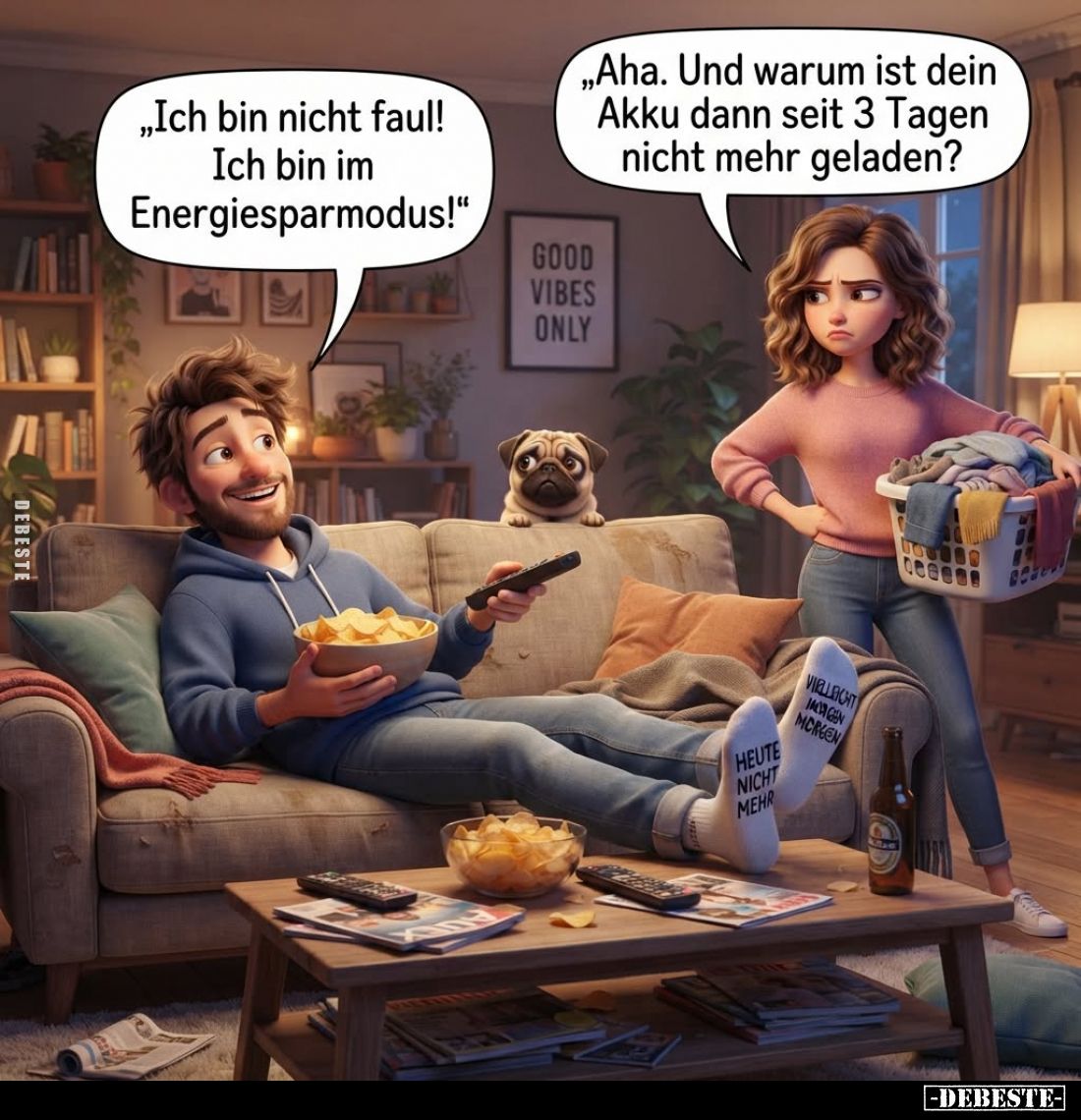 "Ich bin nicht faul!
Ich bin im Energiesparmodus!"
-
"Aha. Und warum ist dein Akku dann seit 3 Tagen nicht ...