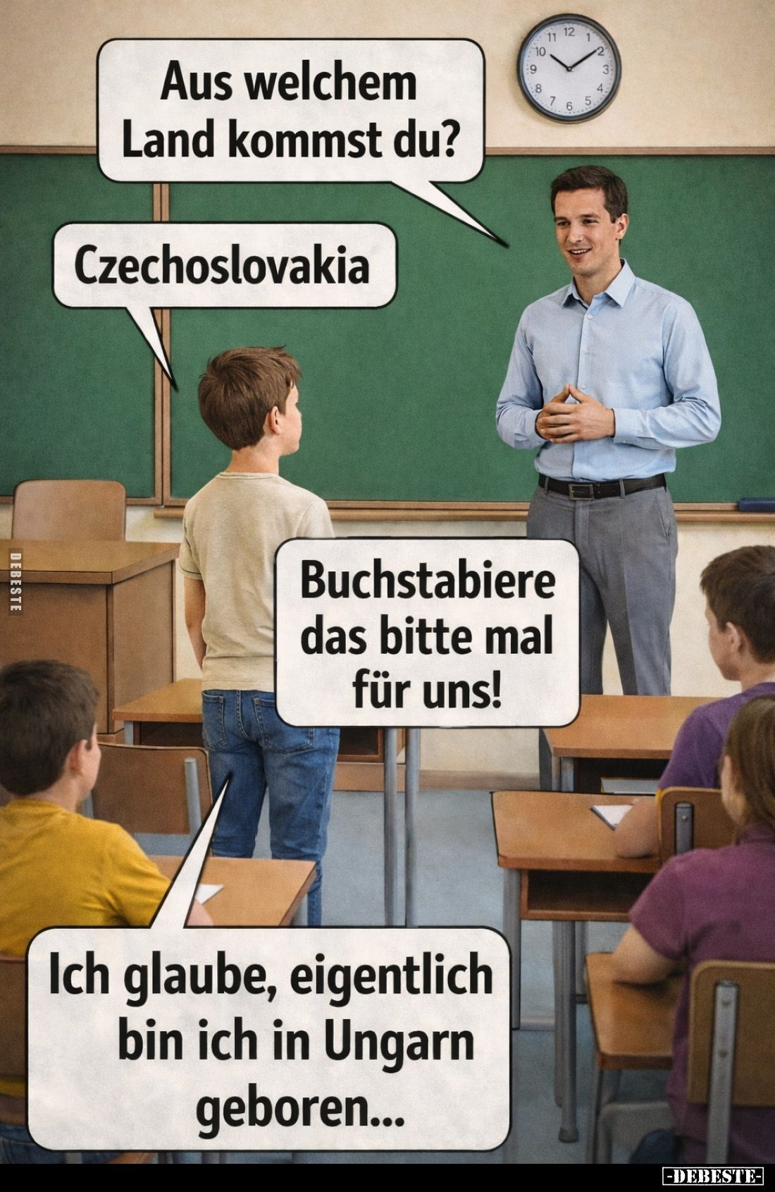 Aus welchem Land kommst du?
-
Czechoslovakia.
-
Buchstabiere das bitte mal für uns! -
Ich glaube, eigentlich bin ich in ...