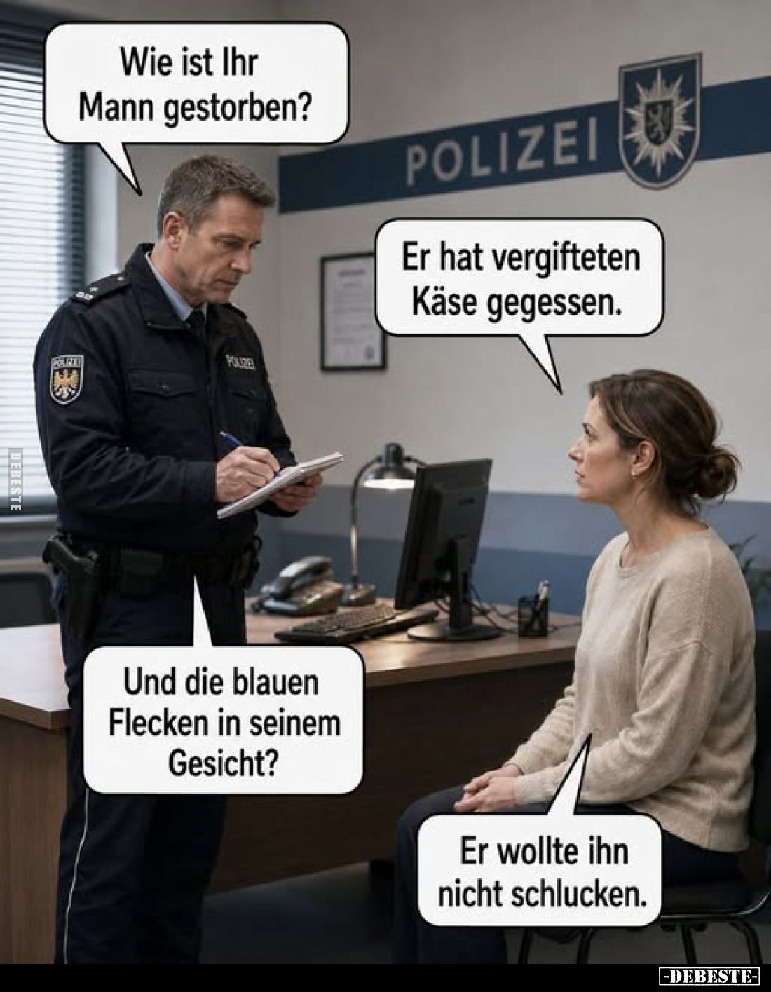 Wie ist Ihr Mann gestorben?
-
Er hat vergifteten Käse gegessen.
-
Und die blauen Flecken in seinem Gesicht?
-
Er wollte...