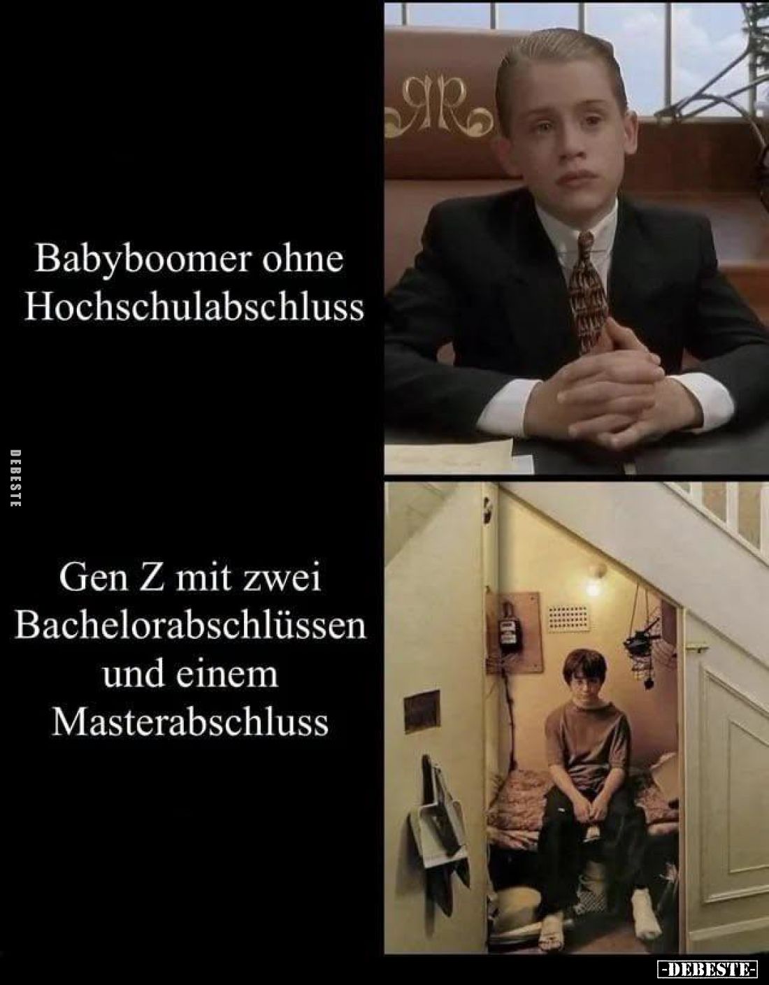 Babyboomer ohne Hochschulabschluss. -
Gen Z mit zwei Bachelorabschlüssen und einem Masterabschluss.