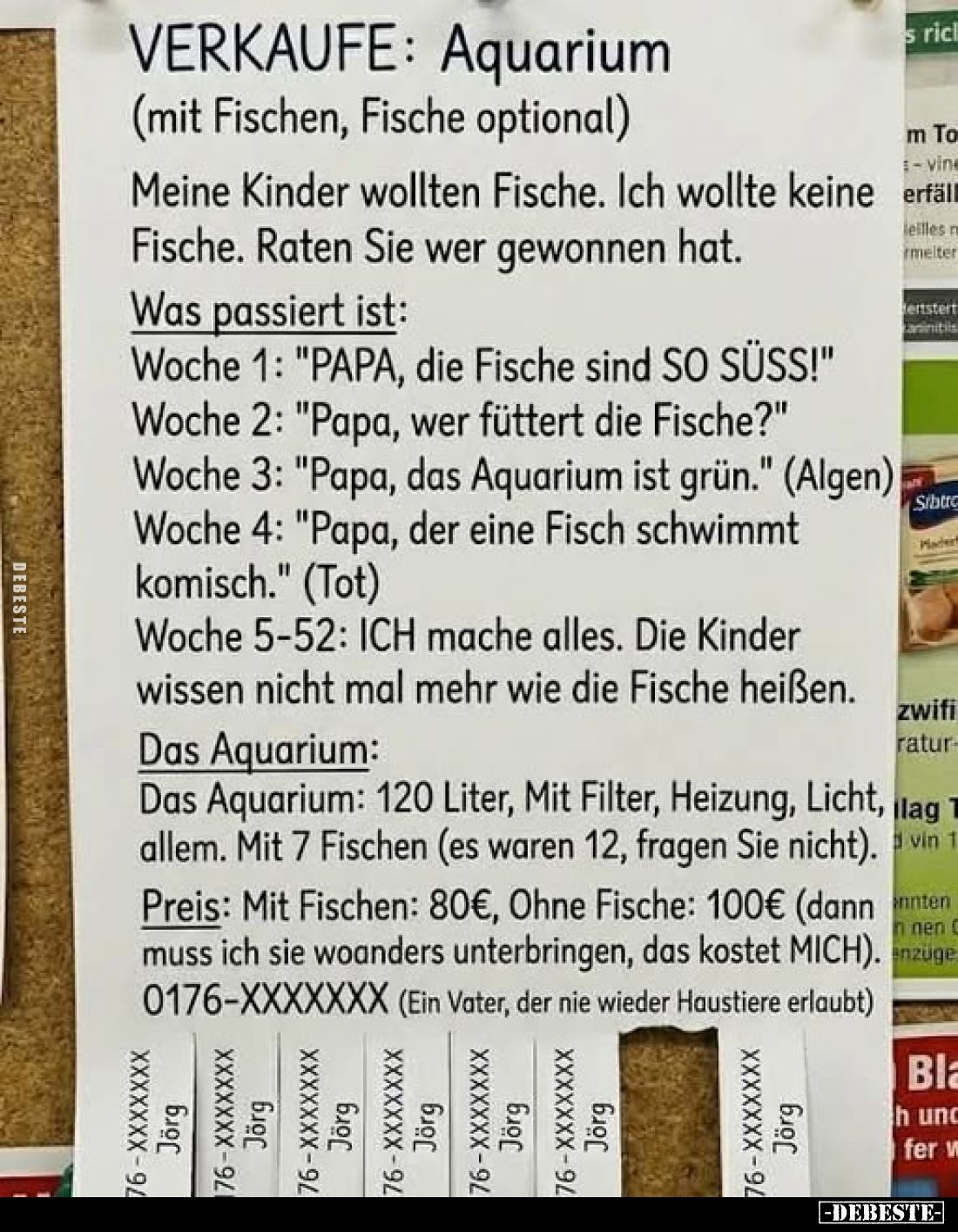 VERKAUFE: Aquarium
(mit Fischen, Fische optional)
Meine Kinder wollten Fische. Ich wollte keine Fische. Raten Sie wer gewon...