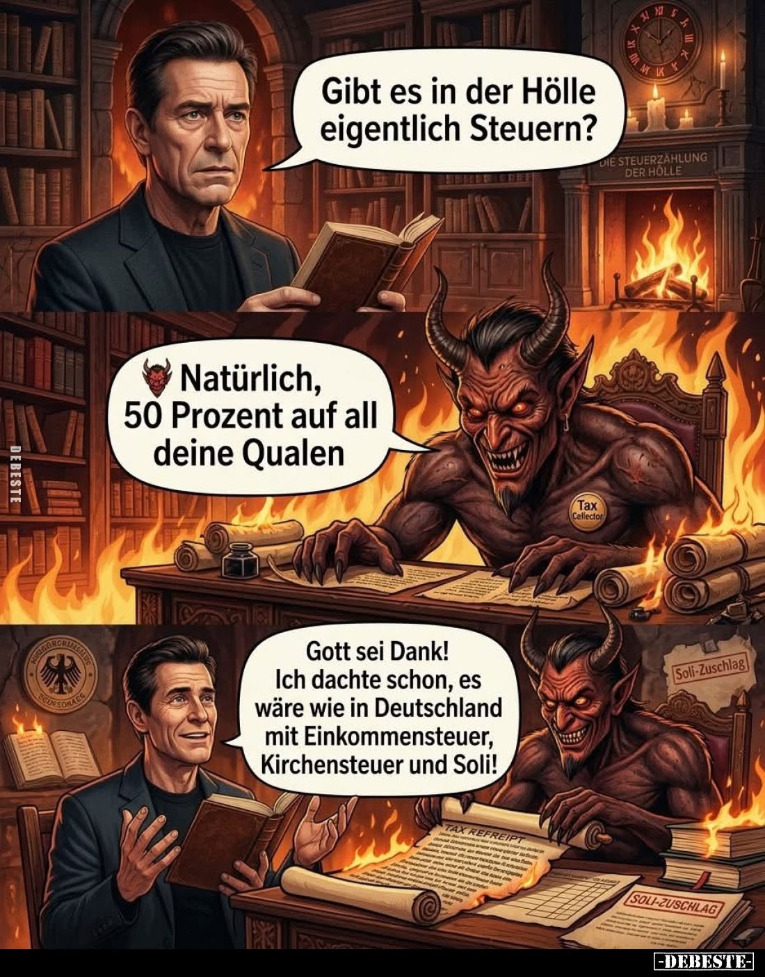 Gibt es in der Hölle eigentlich Steuern? -
Natürlich, 50 Prozent auf all deine Qualen.
-
Gott sei Dank! Ich dachte schon, ...