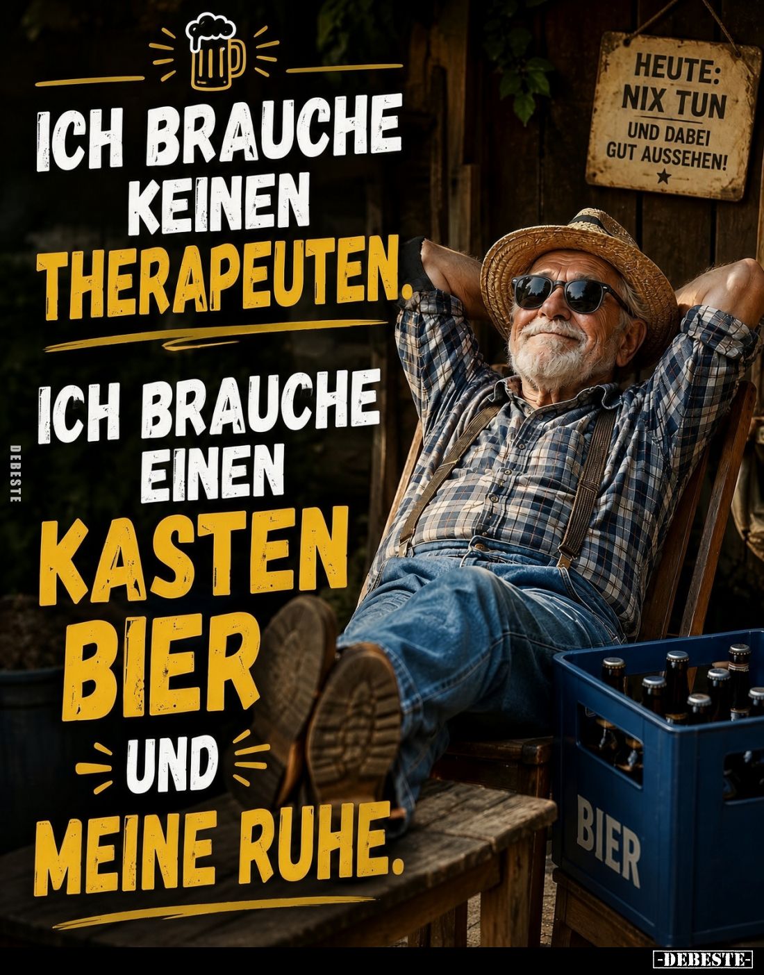 Ich brauche keinen Therapeuten.
Ich brauche einen Kasten Bier und meine Ruhe.