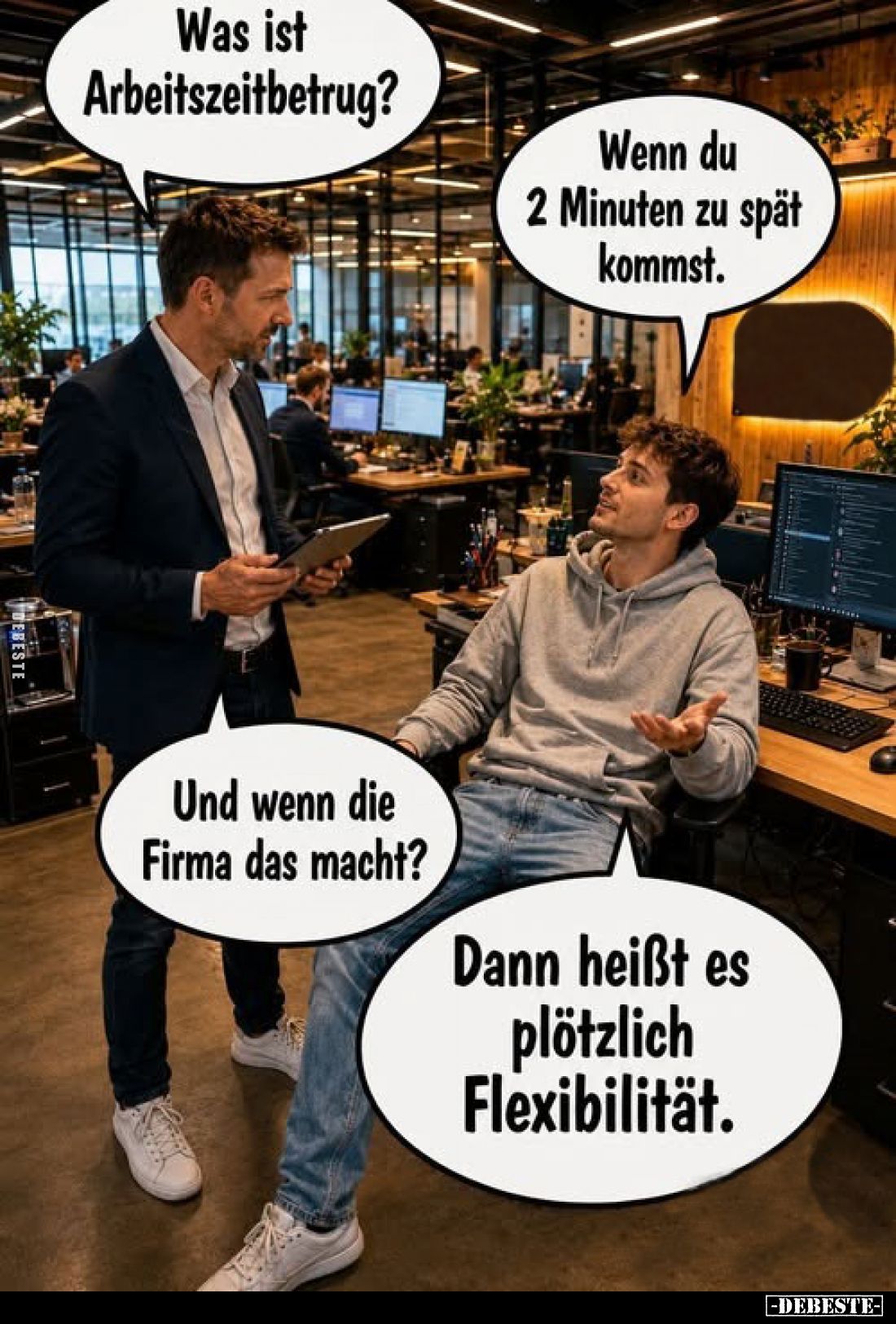Was ist Arbeitszeitbetrug?
Wenn du 2 Minuten zu spät kommst.
Und wenn die Firma das macht?
Dann heißt es plötzlich Flexibi...