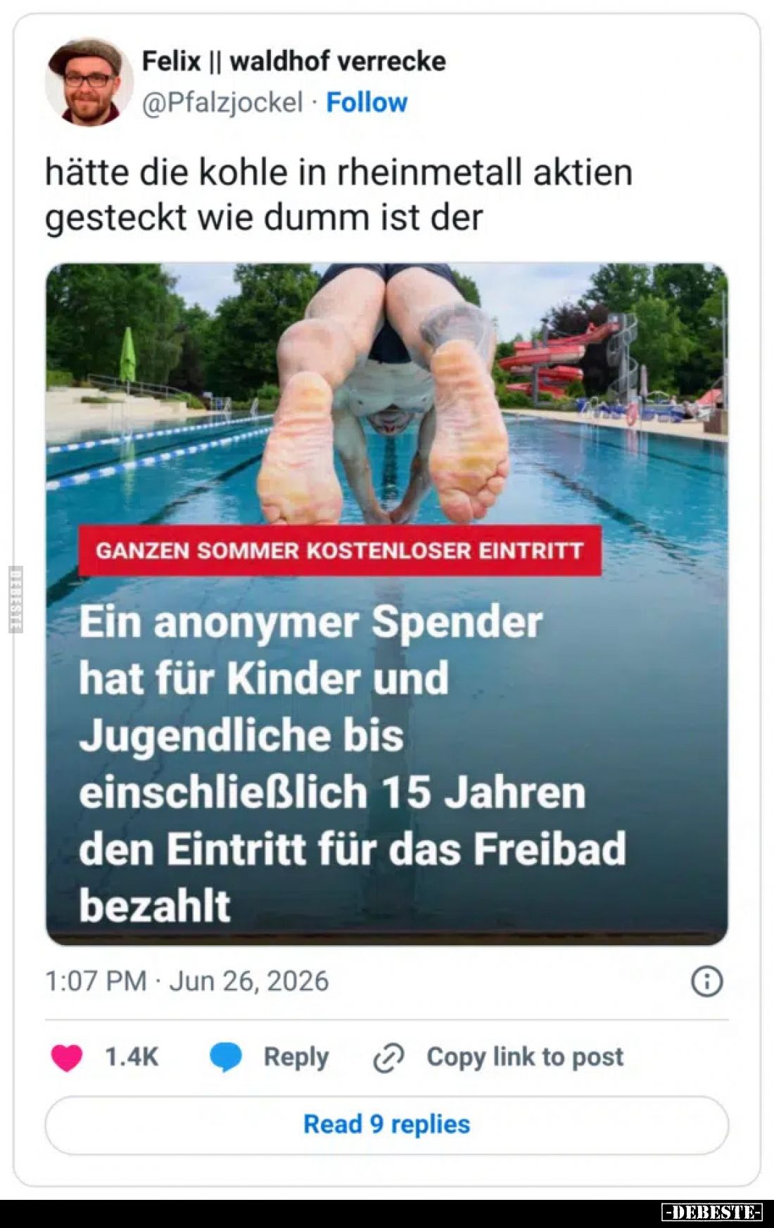 hätte die kohle in rheinmetall aktien gesteckt wie dumm ist der
Ganzen Sommer kostenloser Eintritt
Ein anonymer Spender hat...