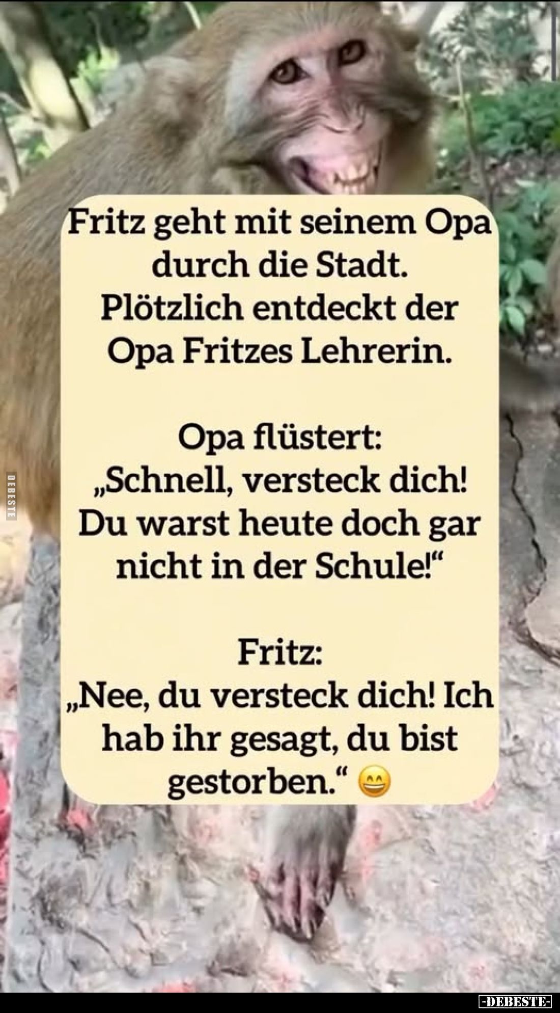 Fritz geht mit seinem Opa durch die Stadt. Plötzlich entdeckt der Opa Fritzes Lehrerin.
Opa flüstert: „Schnell, versteck dic...