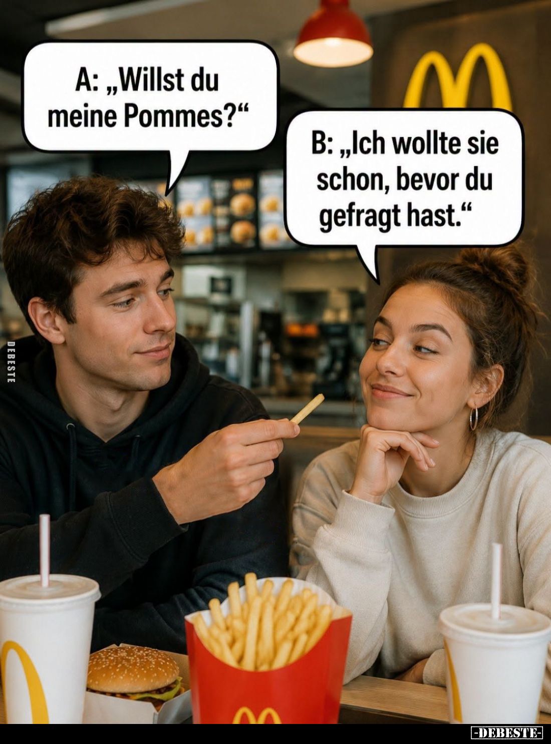 Willst du meine Pommes?
- Ich wollte sie schon, bevor du gefragt hast.