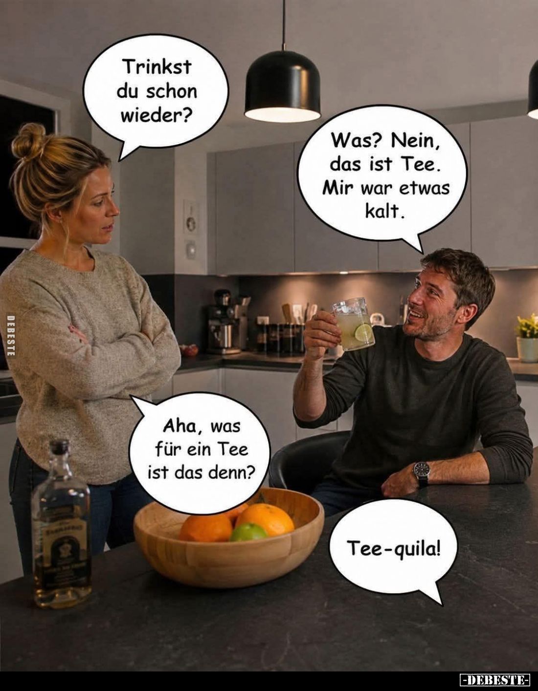Trinkst du schon wieder? -
Was? Nein, das ist Tee. Mir war etwas kalt. -
Aha, was für ein Tee ist das denn? -
Tee-quila!...