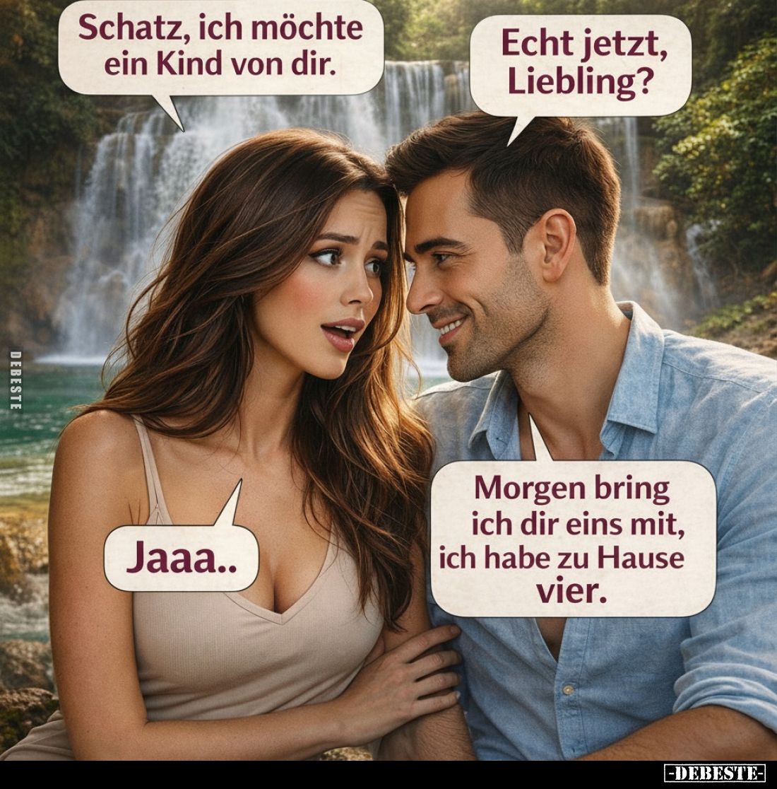 Schatz, ich möchte ein Kind von dir.
Echt jetzt, Liebling?
Jaaa..
Morgen bring ich dir eins mit, ich habe zu Hause vier.