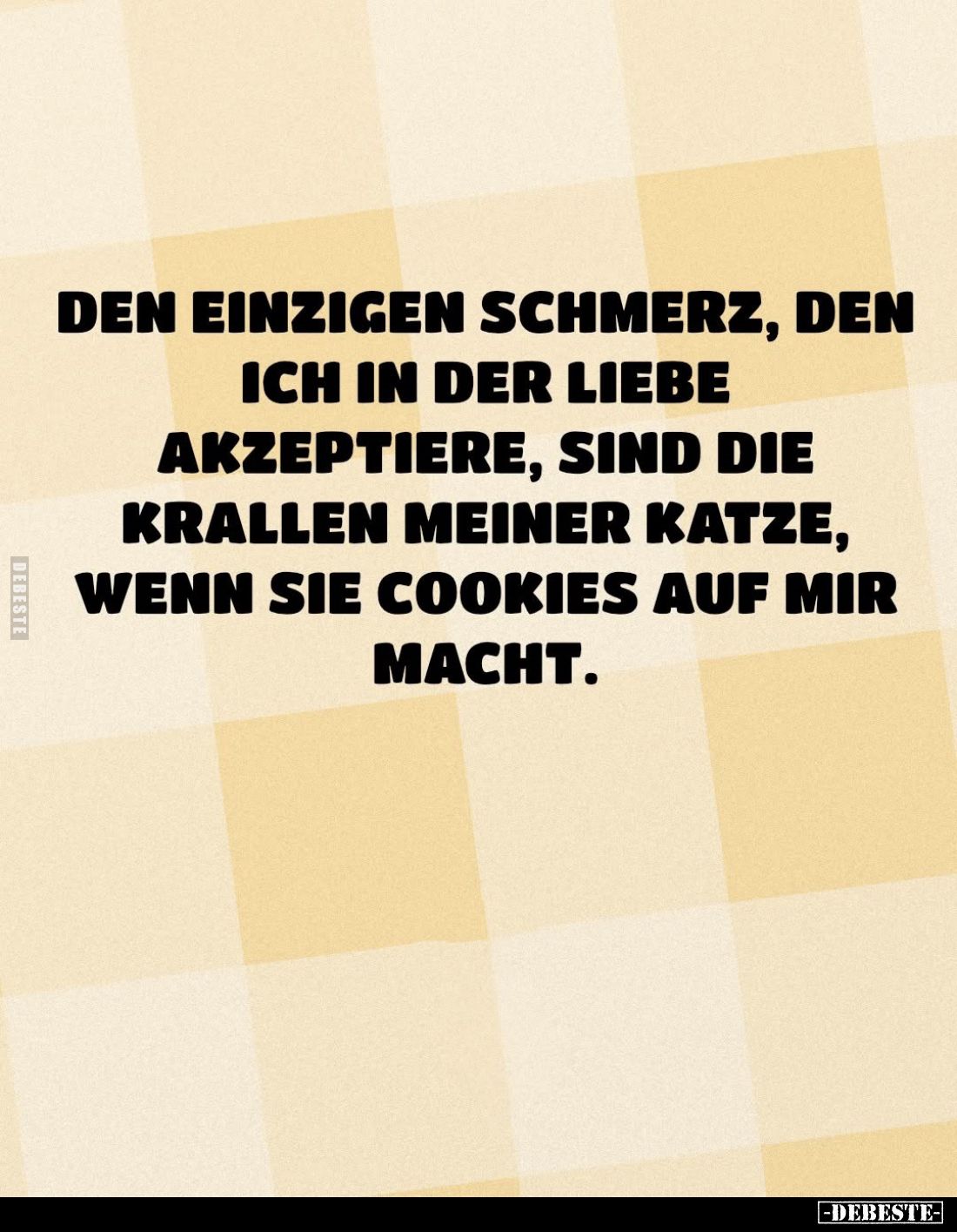 Den einzigen Schmerz, den ich in der Liebe akzeptiere, sind die Krallen meiner Katze, wenn sie Cookies auf mir macht.