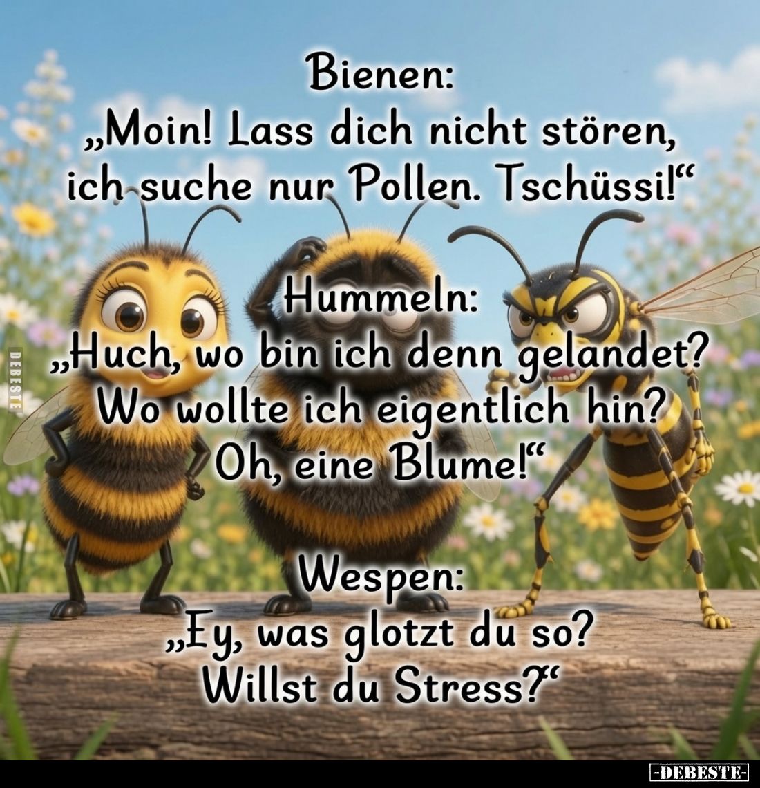 Bienen:
„Moin! Lass dich nicht stören, ich suche nur Pollen. Tschüssi!“
Hummeln:
„Huch, wo bin ich denn gelandet? Wo wollt...