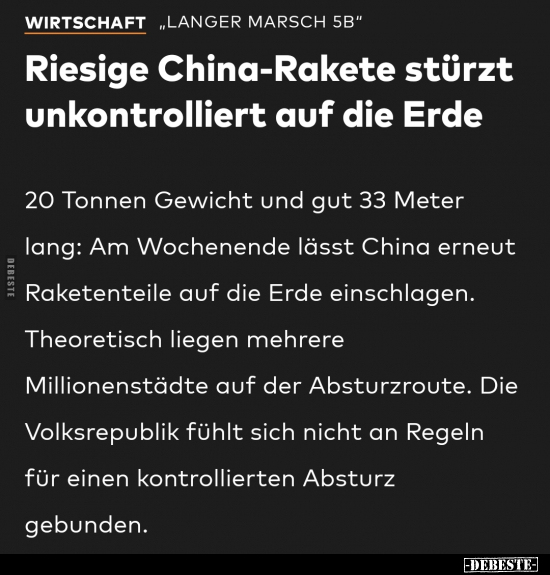Riesige China-Rakete stürzt unkontrolliert auf die Erde.. - Lustige Bilder | DEBESTE.de