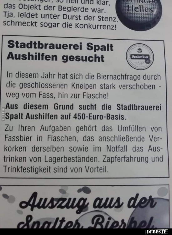 Stadtbrauerei Spalt Aushilfen gesucht..