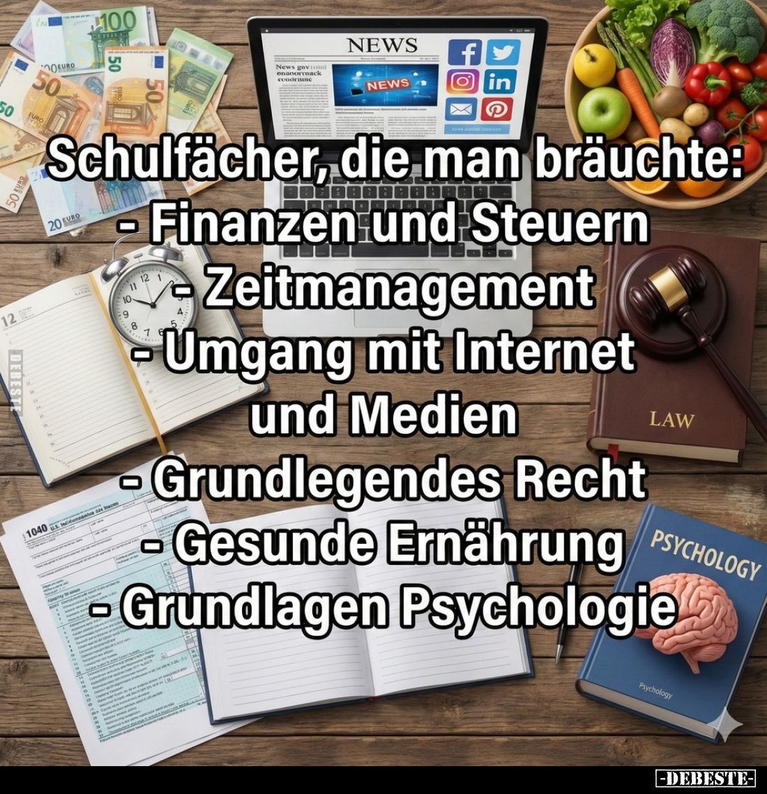 Schulfächer, die man bräuchte:
- Finanzen und Steuern
- Zeitmanagement
- Umgang mit Internet und Medien
- Grundlegendes ...