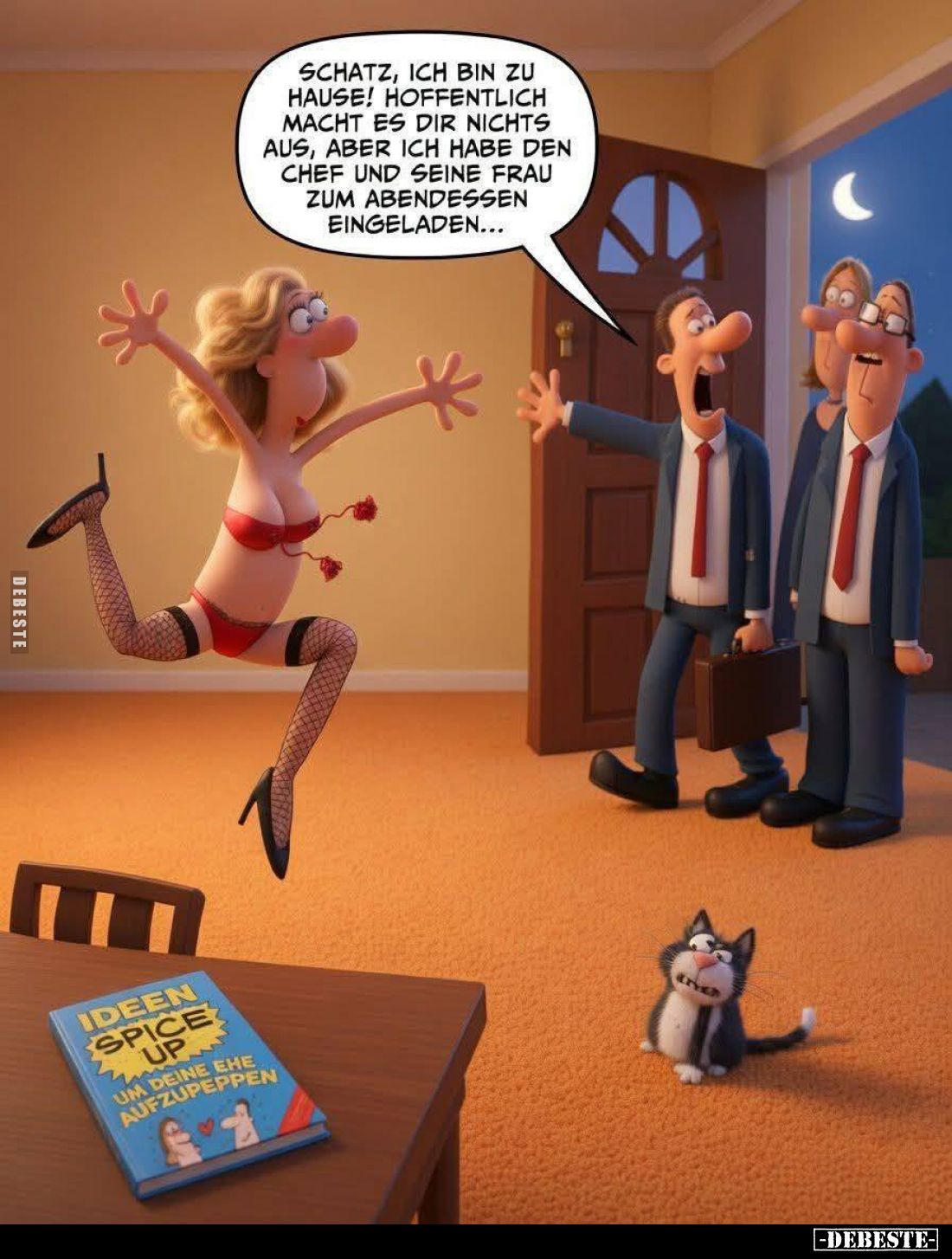 Schatz, ich bin zu Hause! Hoffentlich macht es dir nichts aus, aber ich habe den Chef und seine Frau zum Abendessen eingelade...