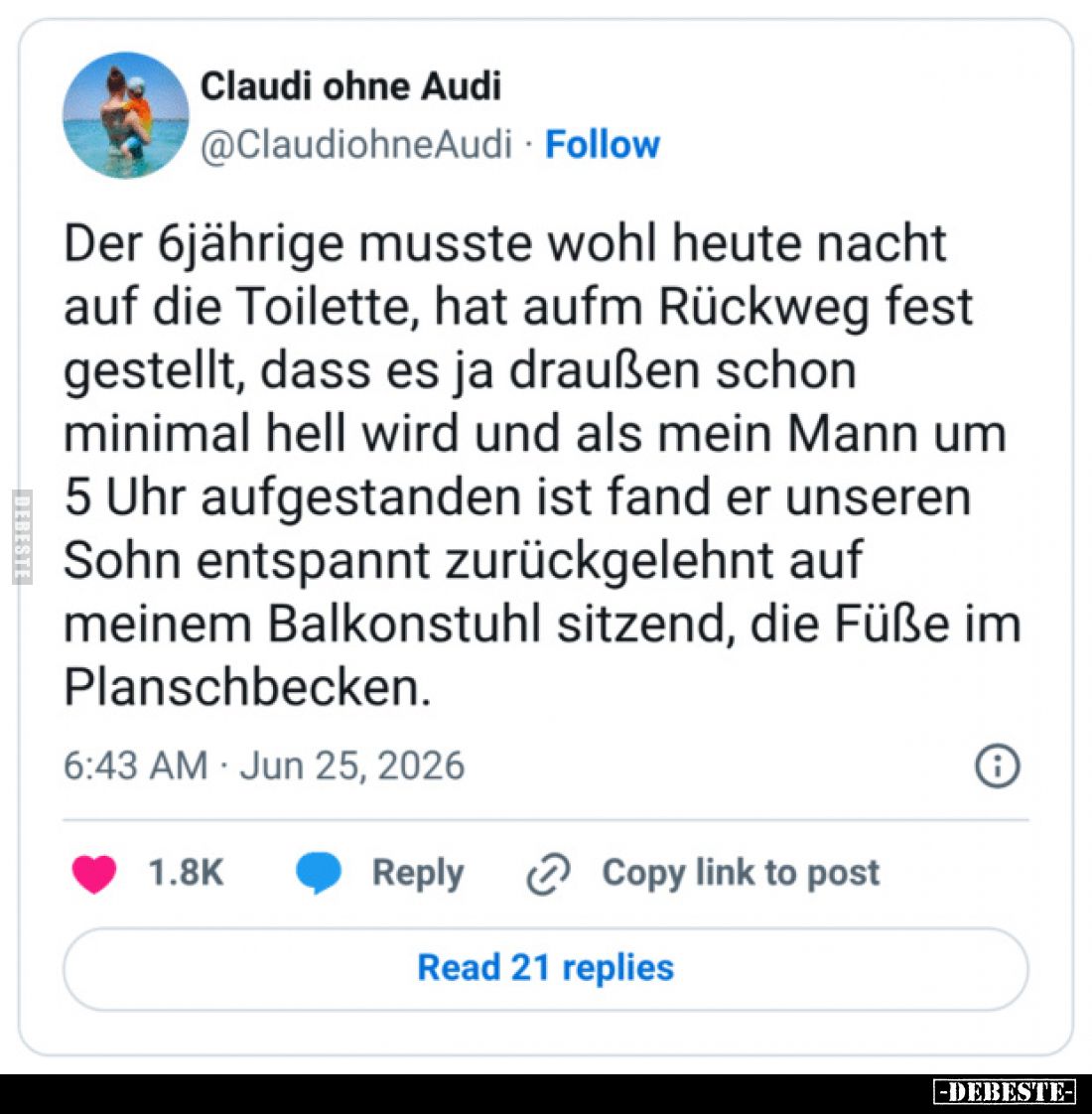 Der 6jährige musste wohl heute nacht auf die Toilette, hat aufm Rückweg fest gestellt, dass es ja draußen schon minimal hell ...