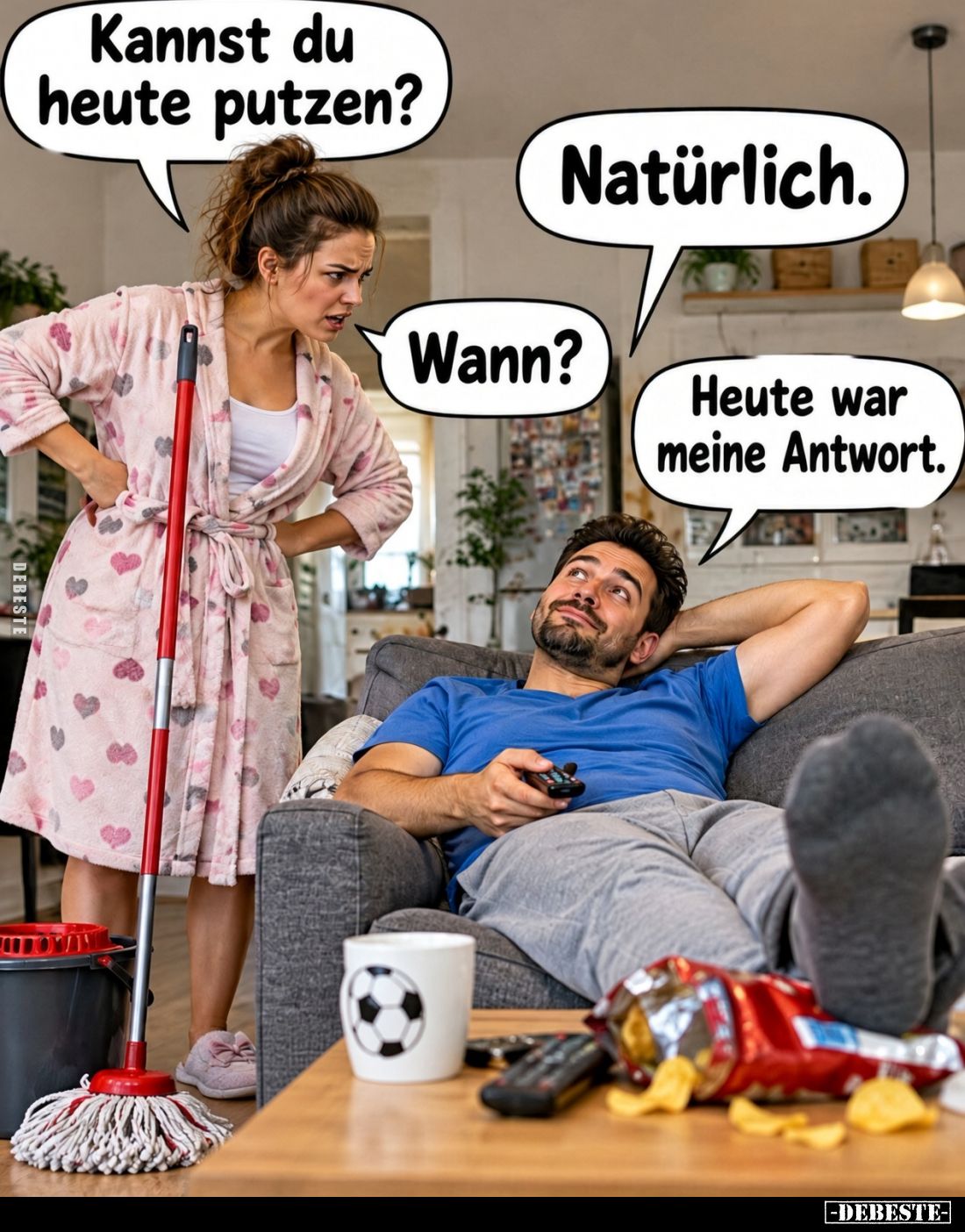 Kannst du heute putzen?
-
Natürlich.
-
Wann?
-
Heute war meine Antwort.