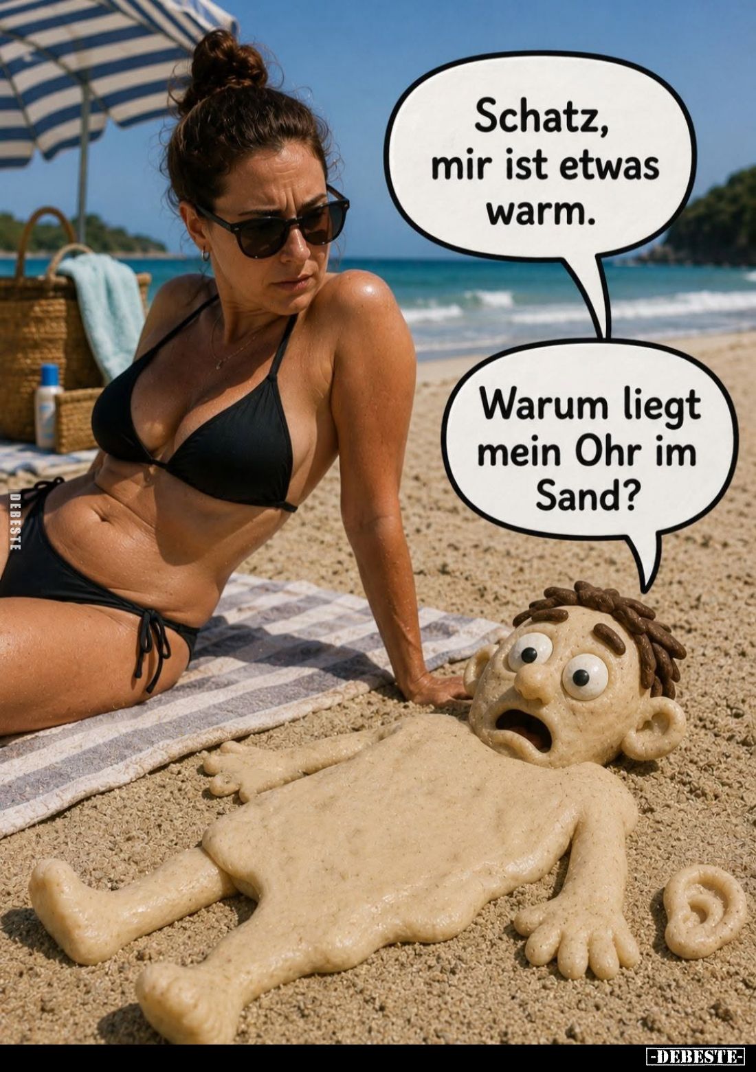 Schatz, mir ist etwas warm.
Warum liegt mein Ohr im Sand?