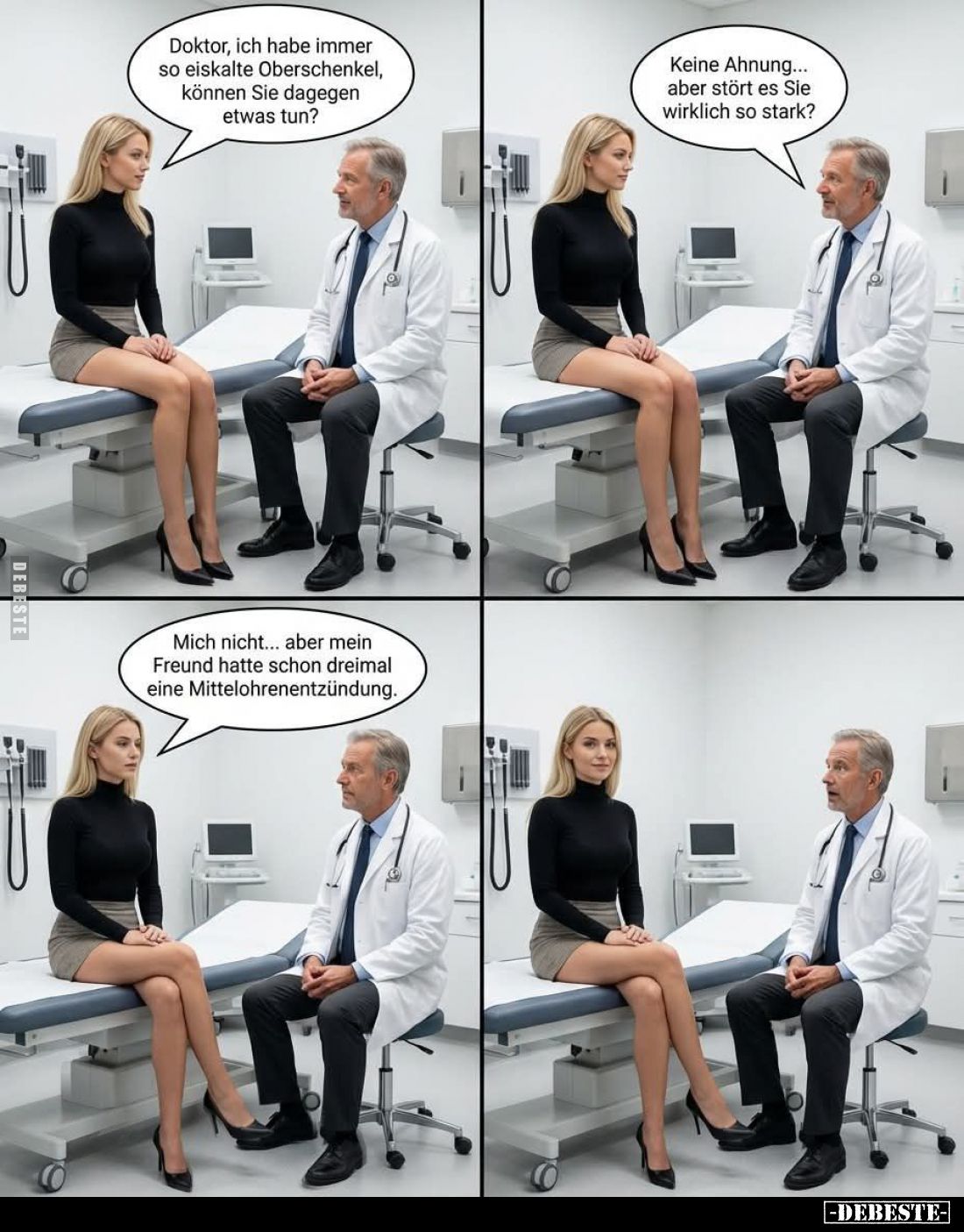 Doktor, ich habe immer so eiskalte Oberschenkel, können Sie dagegen etwas tun? -
Keine Ahnung... aber stört es Sie wirklich ...