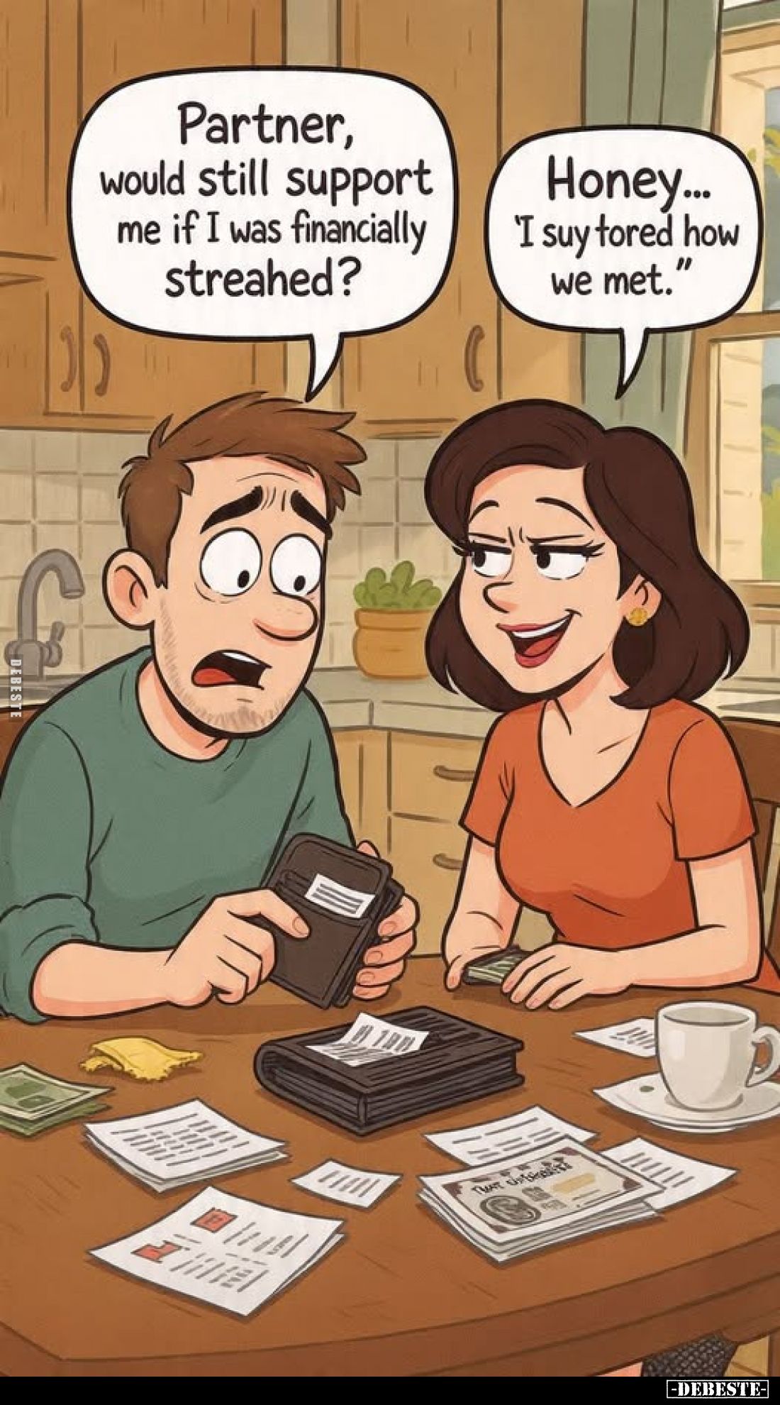 Partner, would still support me if I was financially streahed? -
Honey... "I suy tored how we met."