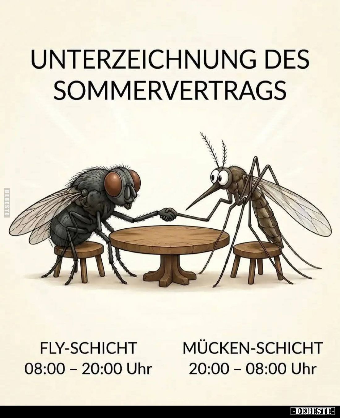 Unterzeichnung des Sommervertrags:
Fly-Schicht 08:00 20:00 Uhr -
Mücken-Schicht 20:00-08:00 Uhr.