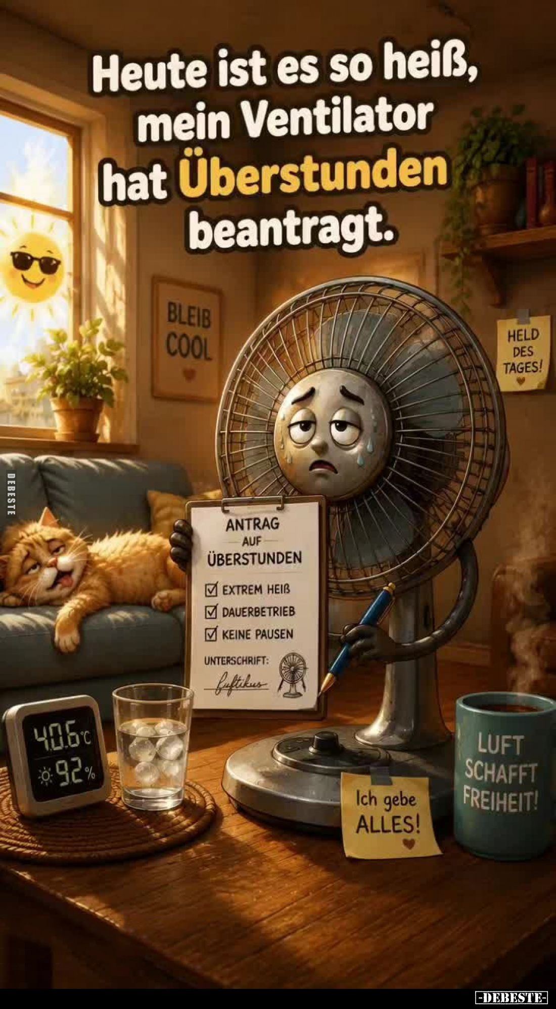 Heute ist es so heiß, mein Ventilator hat Überstunden beantragt.
